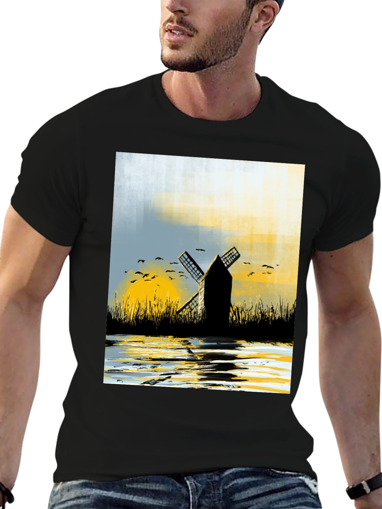 Black Windmill Graphic Tee - Artistic Black T-Shirt view 6