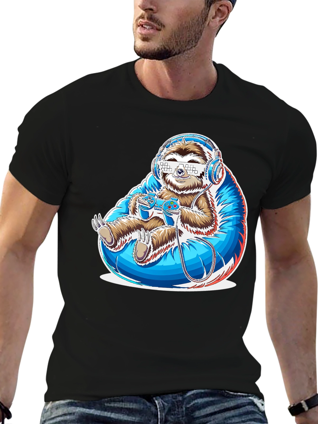 Black Gamer Sloth Graphic Tee - Funny Cool Relaxed Style view 6