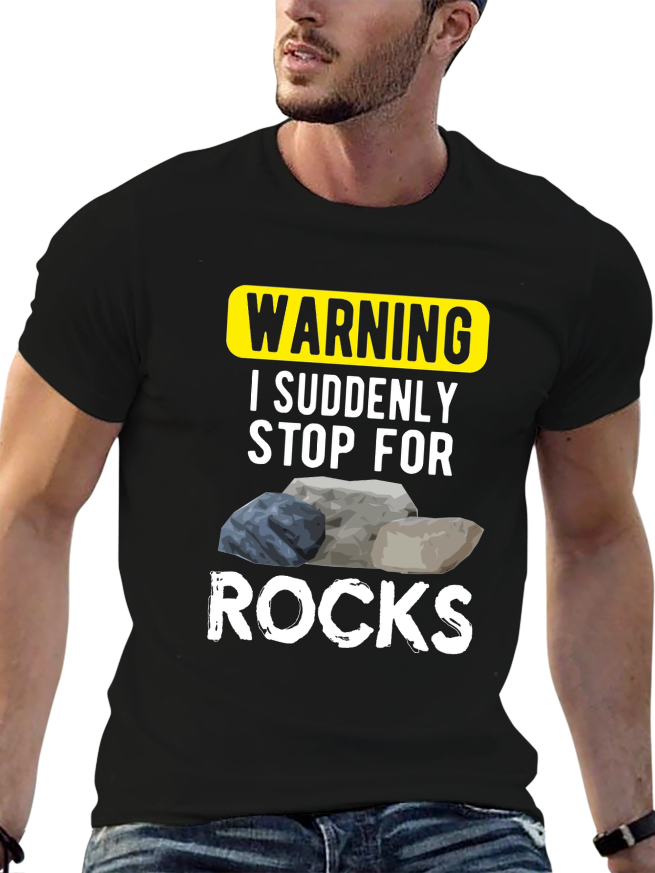 Black Warning: I Suddenly Stop For Rocks - Novelty T-Shirt view 6