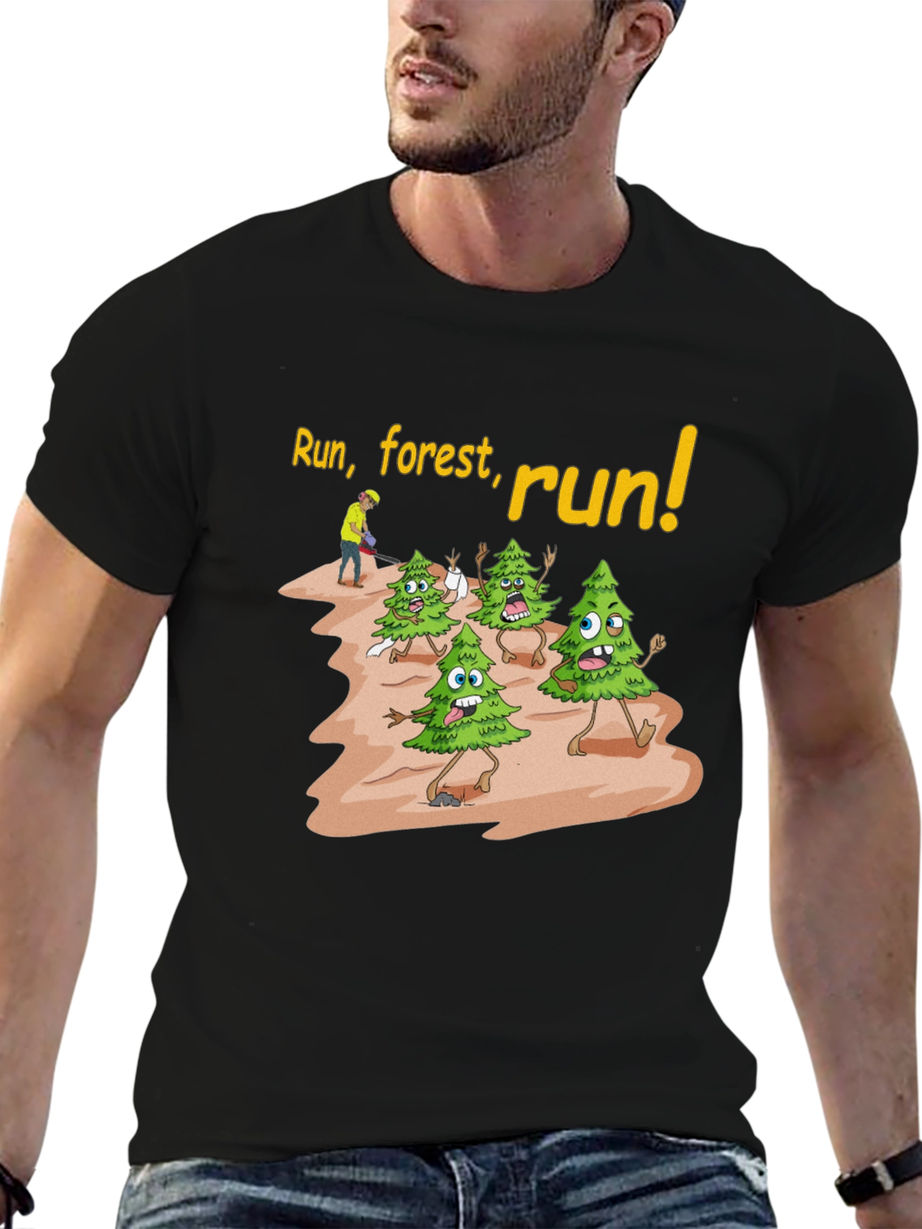 Black Run Forest Run T-Shirt Funny Cartoon Trees view 6