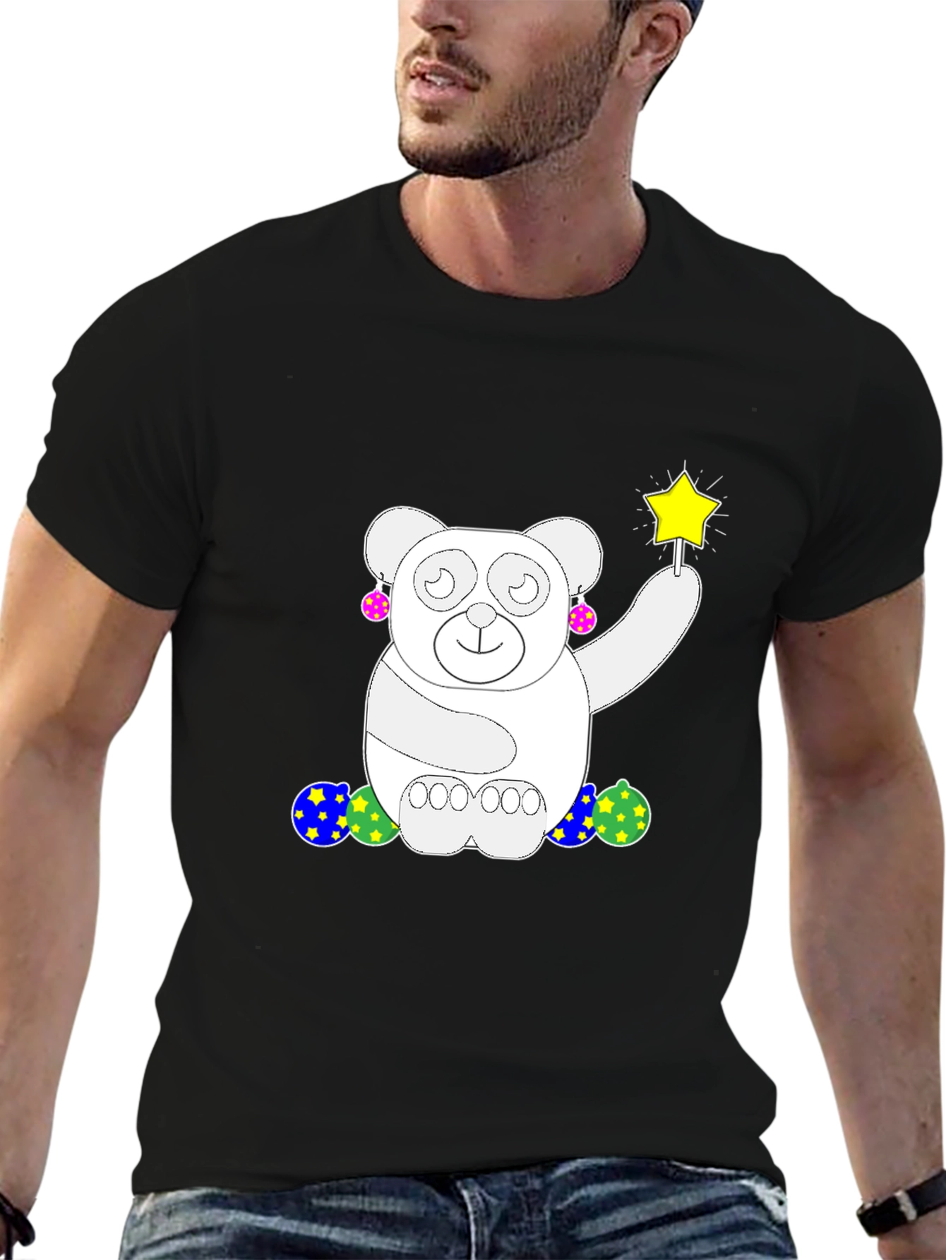 Black Whimsical Bear Graphic Tee - Black Cotton Comfort view 6