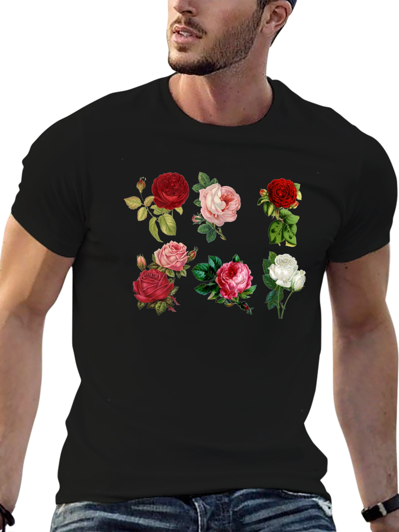 Black Floral Roses Print Black T-Shirt view 6