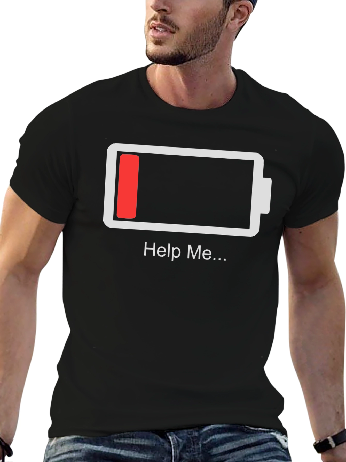 Black Help Me Low Battery T-Shirt - Funny Graphic Tee view 6