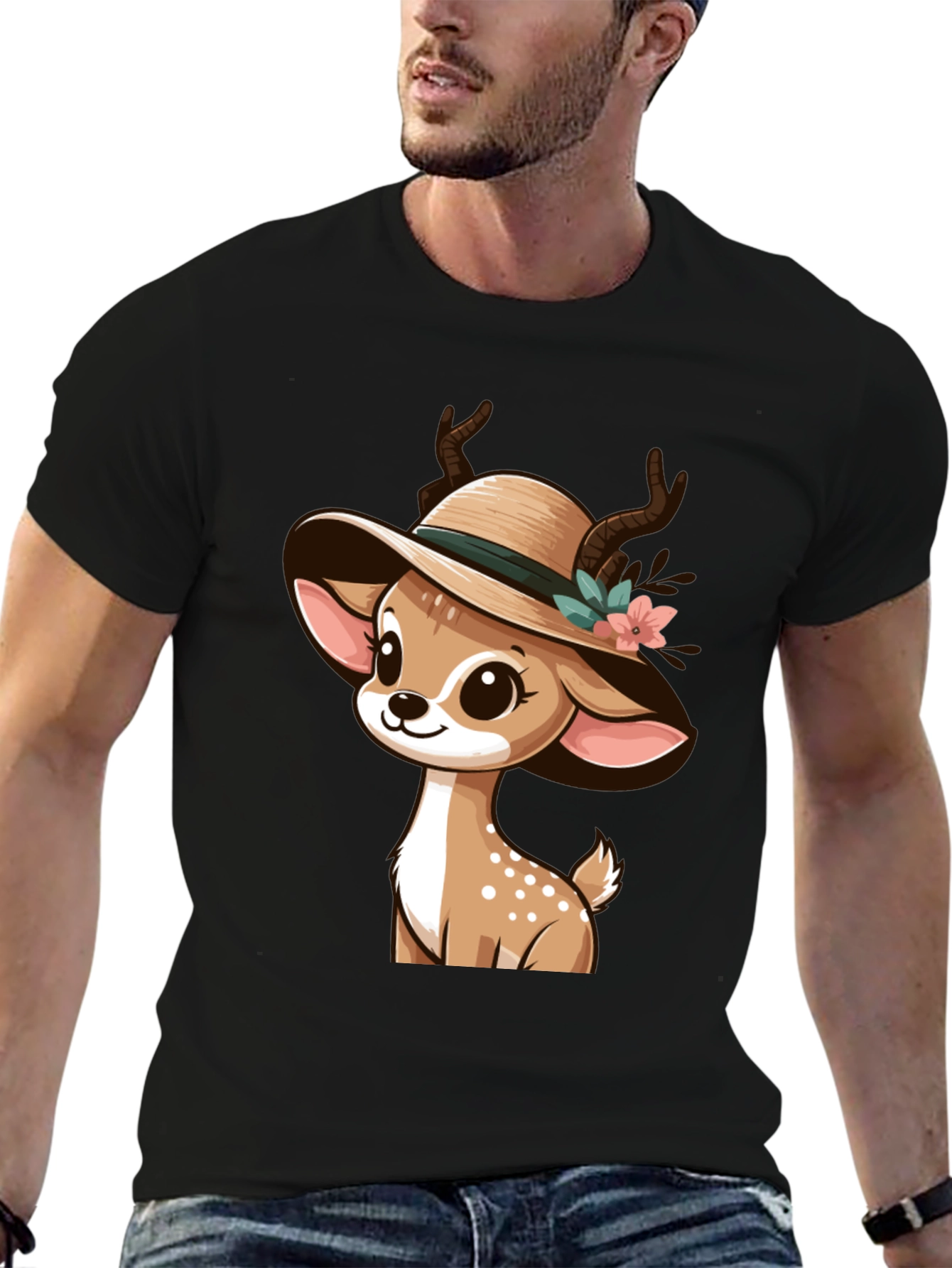 Black Cute Deer in Hat Graphic T-Shirt view 6
