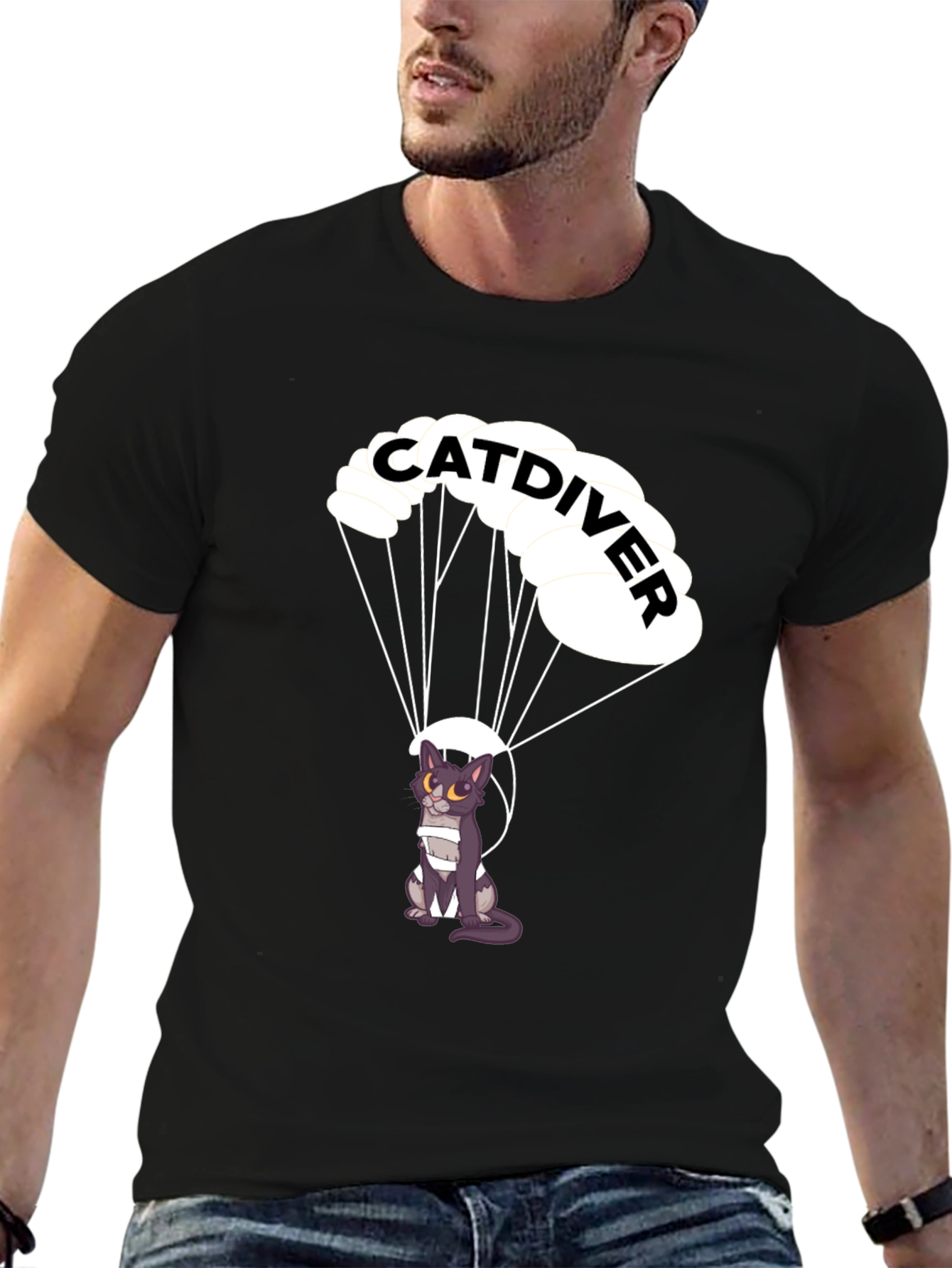Black Catdiver T-Shirt - Parachuting Cat Graphic Tee view 6