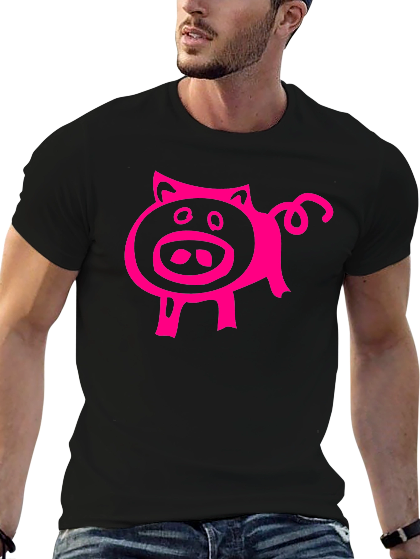 Black Pink Pig Graphic Tee - Black Cotton Blend Casual T-Shirt view 6
