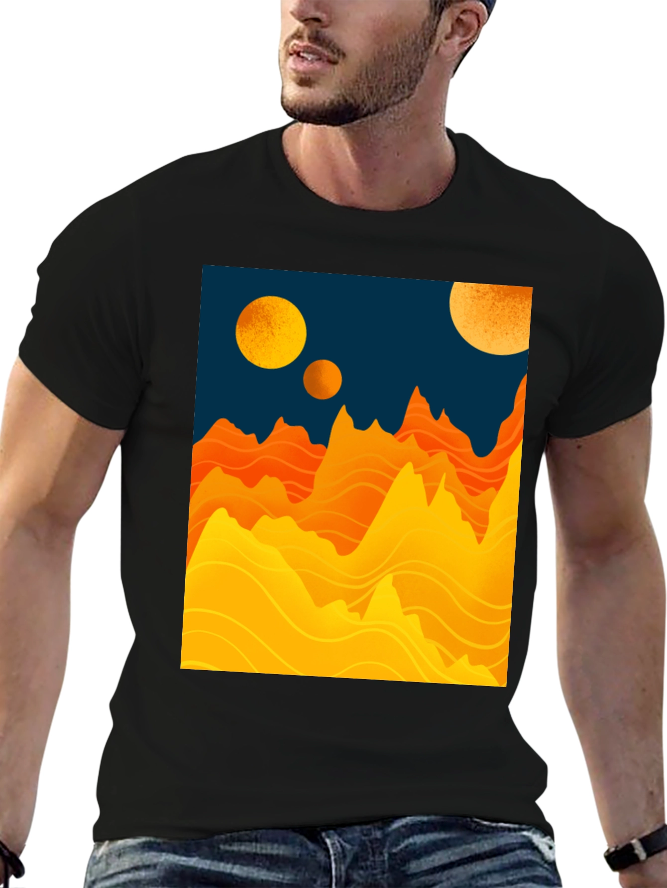 Black Planetary Graphic Tee - Sci-Fi Mountainscape Design view 6