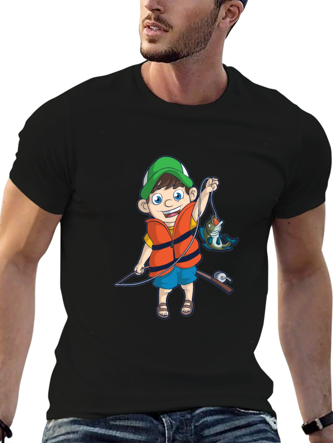 Black Cartoon Fisherman Graphic Tee view 6
