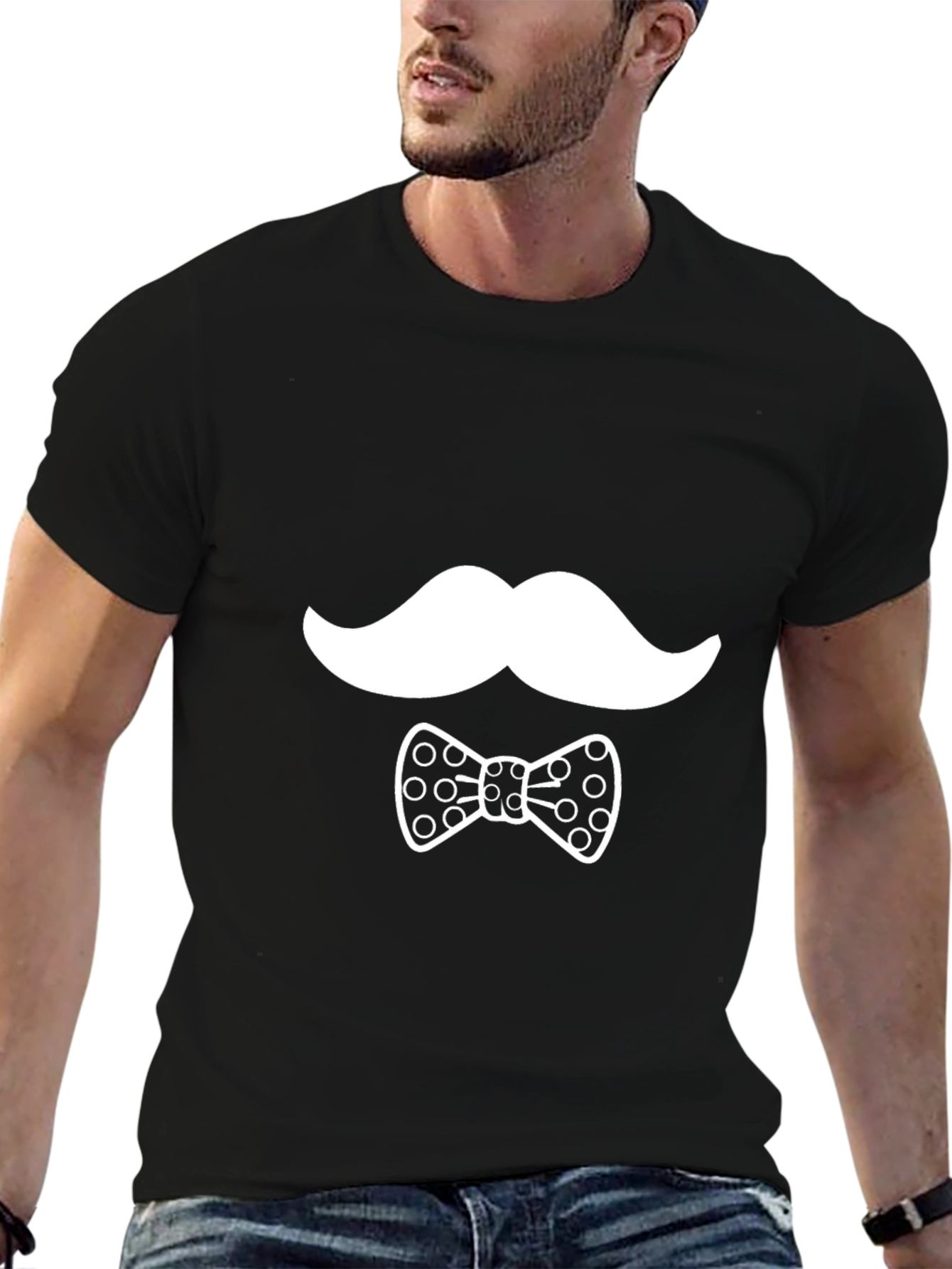 Black Novelty Mustache & Bow Tie Graphic Black T-Shirt view 6