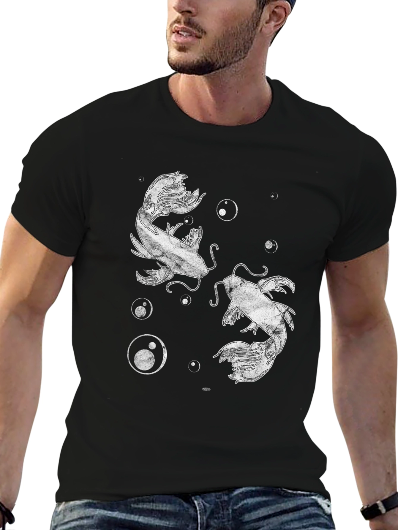 Black Koi Fish Graphic Print Black T-Shirt view 6