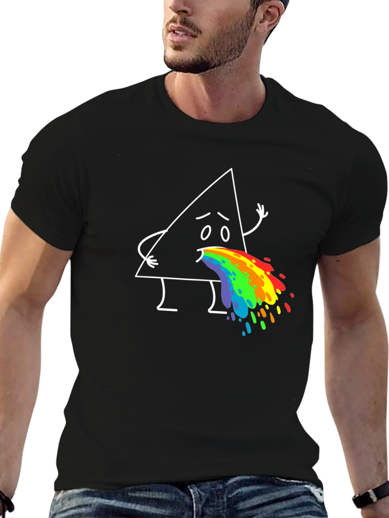 Black Funny Triangle Rainbow Puke Graphic Tee view 6