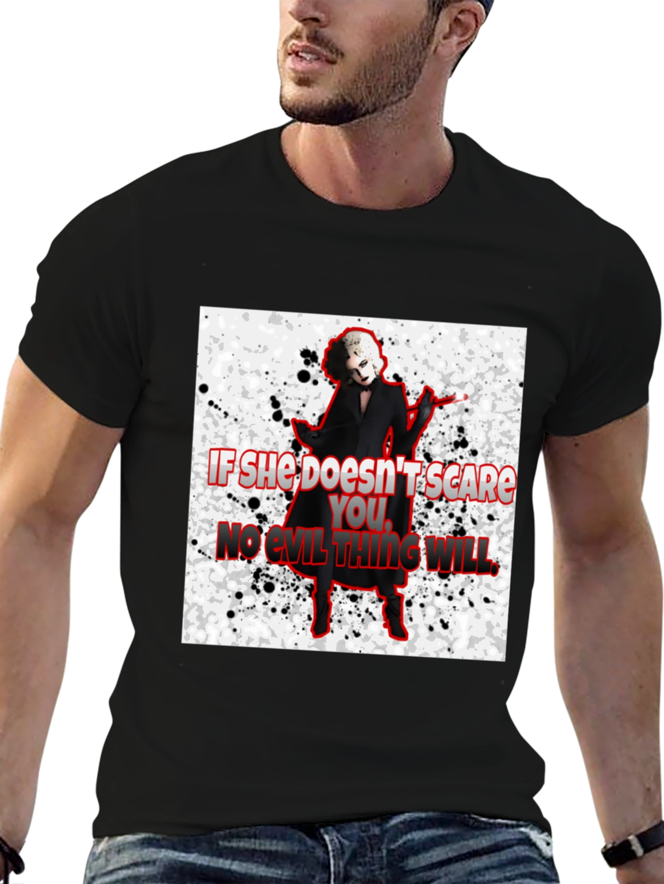 Black Horror Movie Villain T-Shirt - "If She Doesn't Scare You..." view 6
