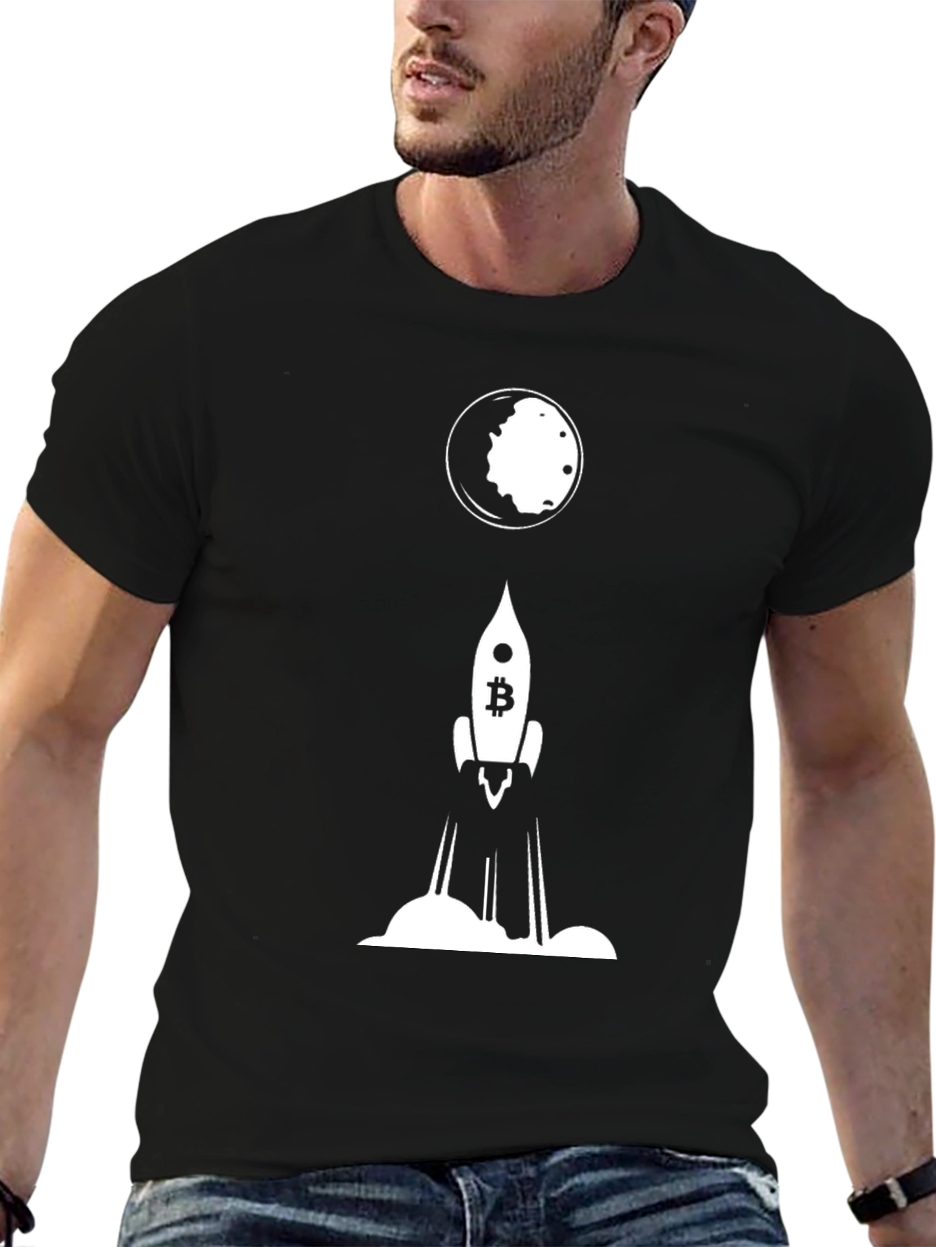 Black Bitcoin Rocket to the Moon Black T-Shirt view 6