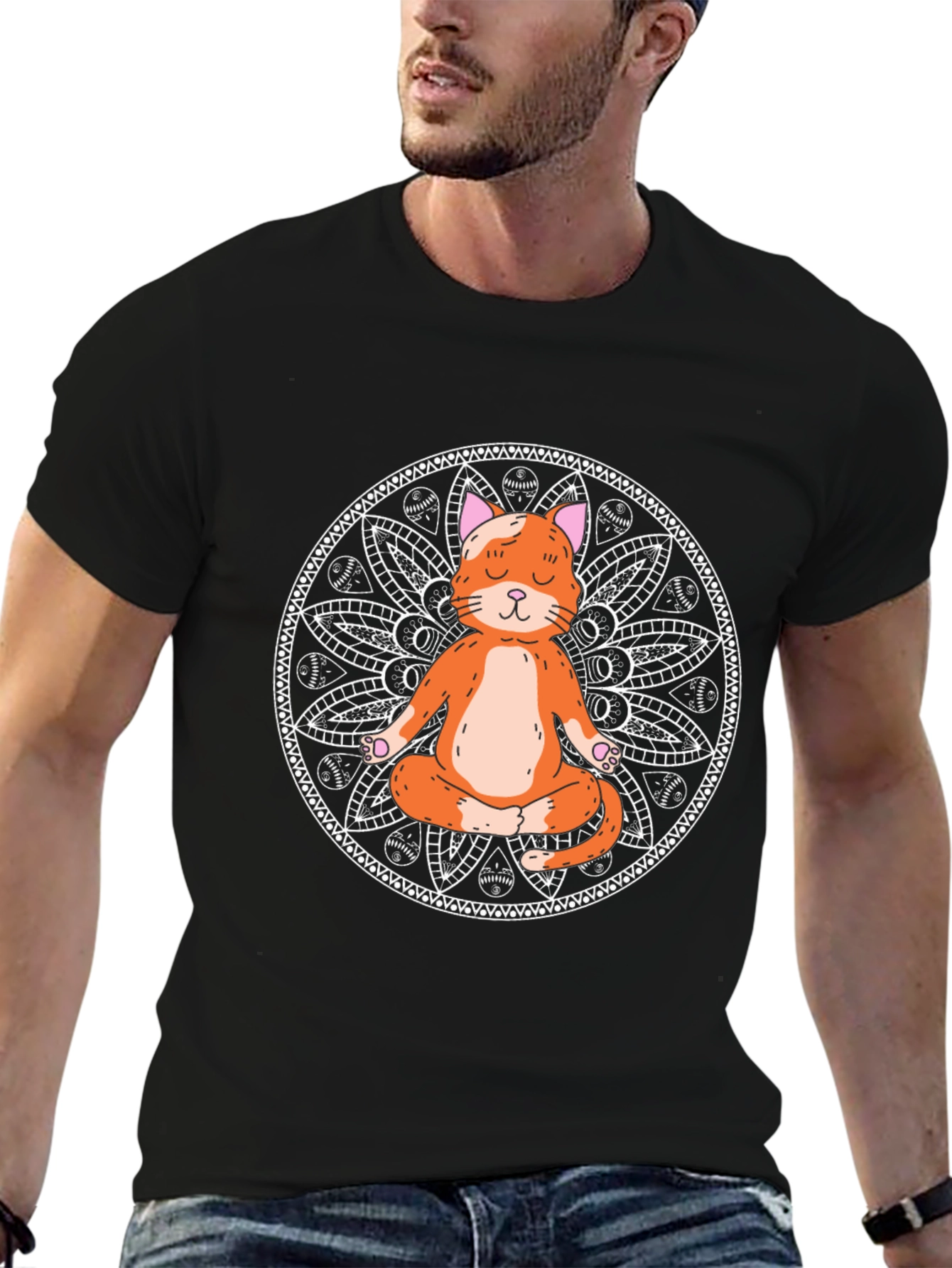 Black Yoga Cat Mandala Black T-Shirt - Meditating Feline view 6
