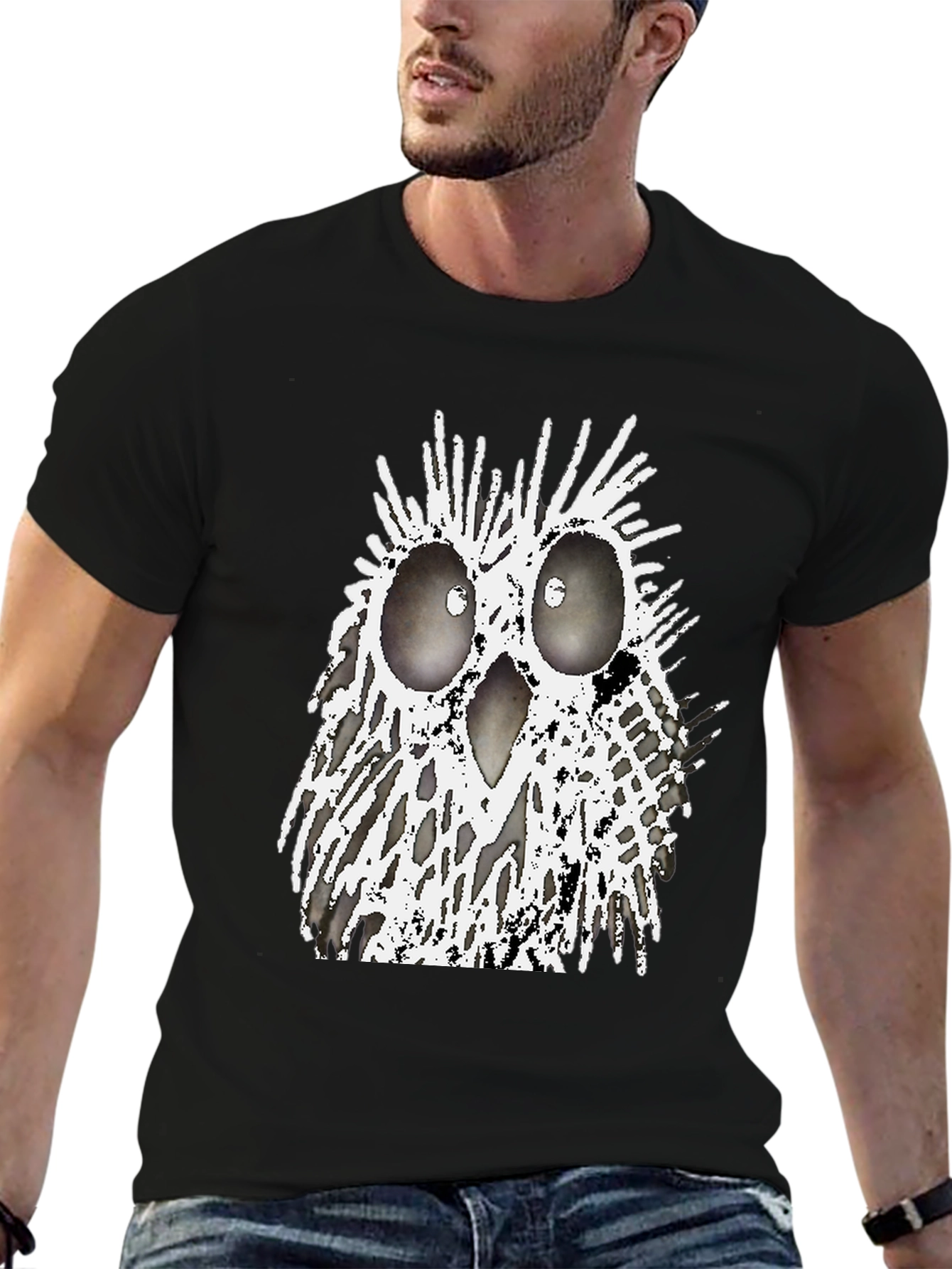Black Abstract Owl Graphic T-Shirt - Black Crew Neck Tee view 6
