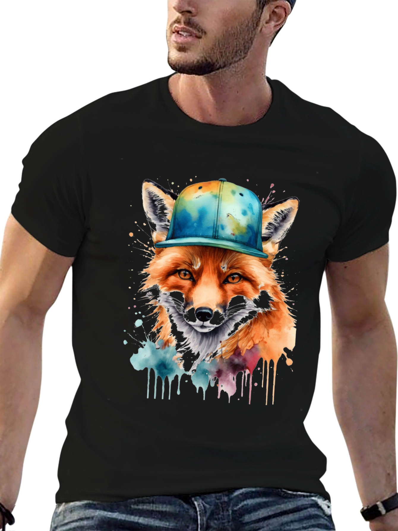 Black Fox in Cap Graphic Tee - Cool Watercolor Design view 6