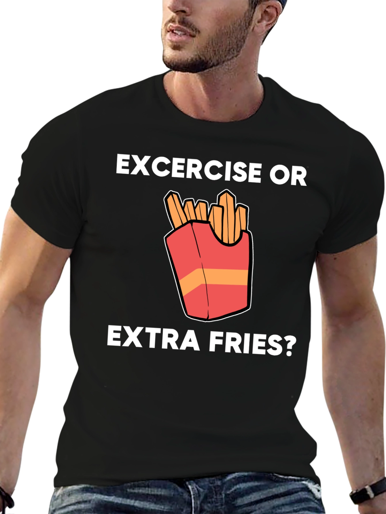 Black Exercise or Extra Fries Funny T-Shirt view 6