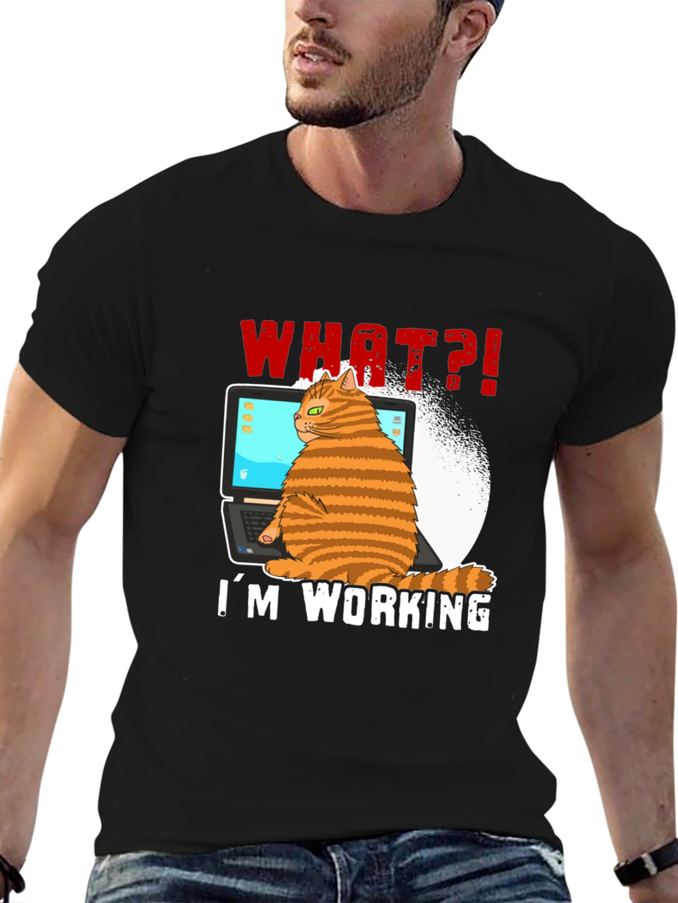 Black Cat Working on Laptop Graphic Tee view 6