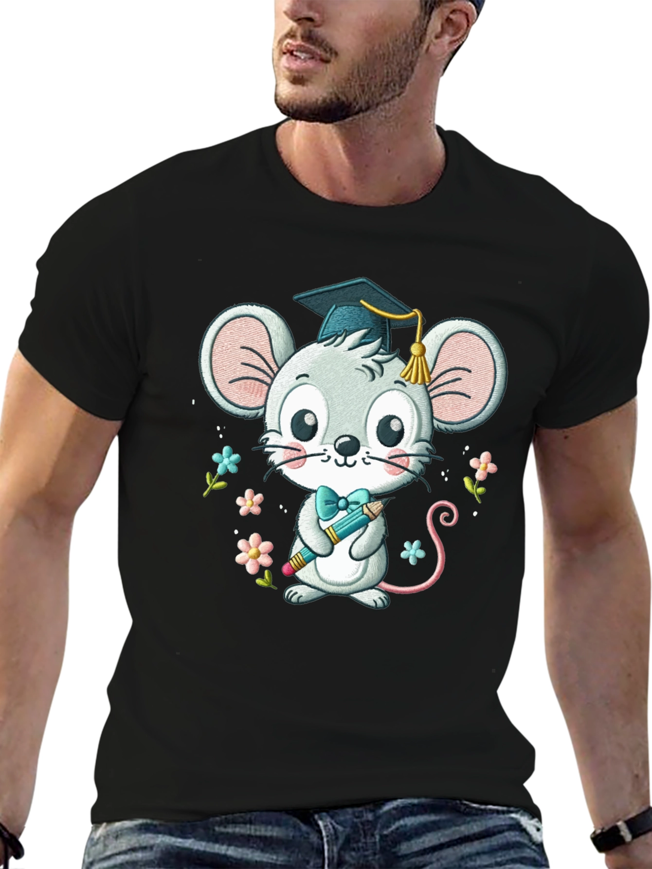 Black Graduation Mouse T-Shirt Cute Cartoon Animal Tee view 6
