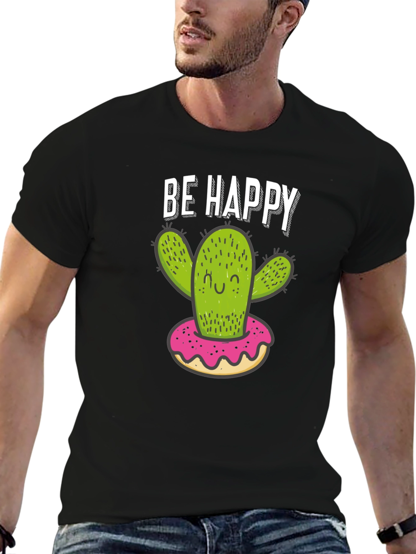 Black Be Happy Cactus Donut Graphic T-Shirt view 6