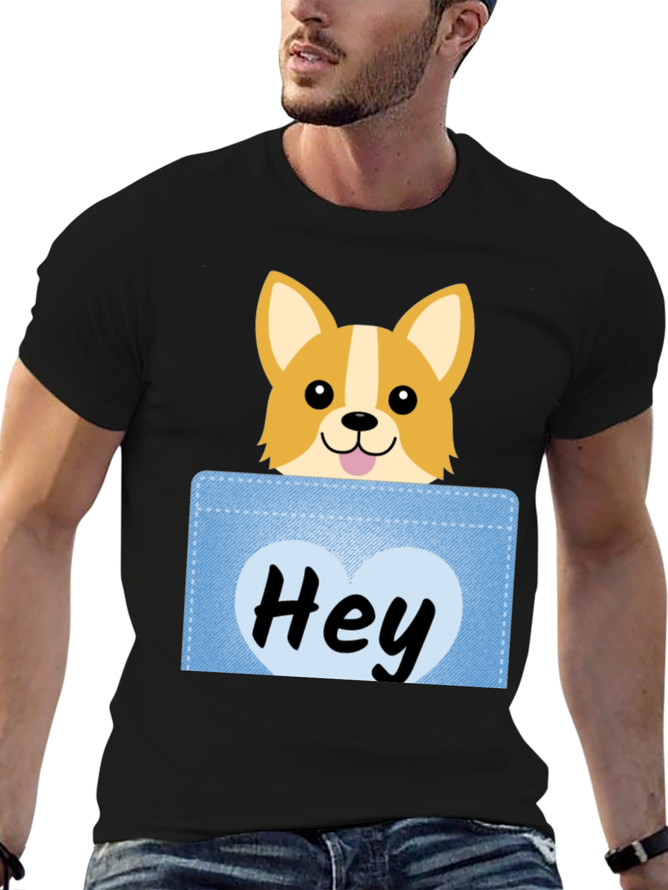 Black Cute Corgi Peek-a-Boo Pocket T-Shirt view 6