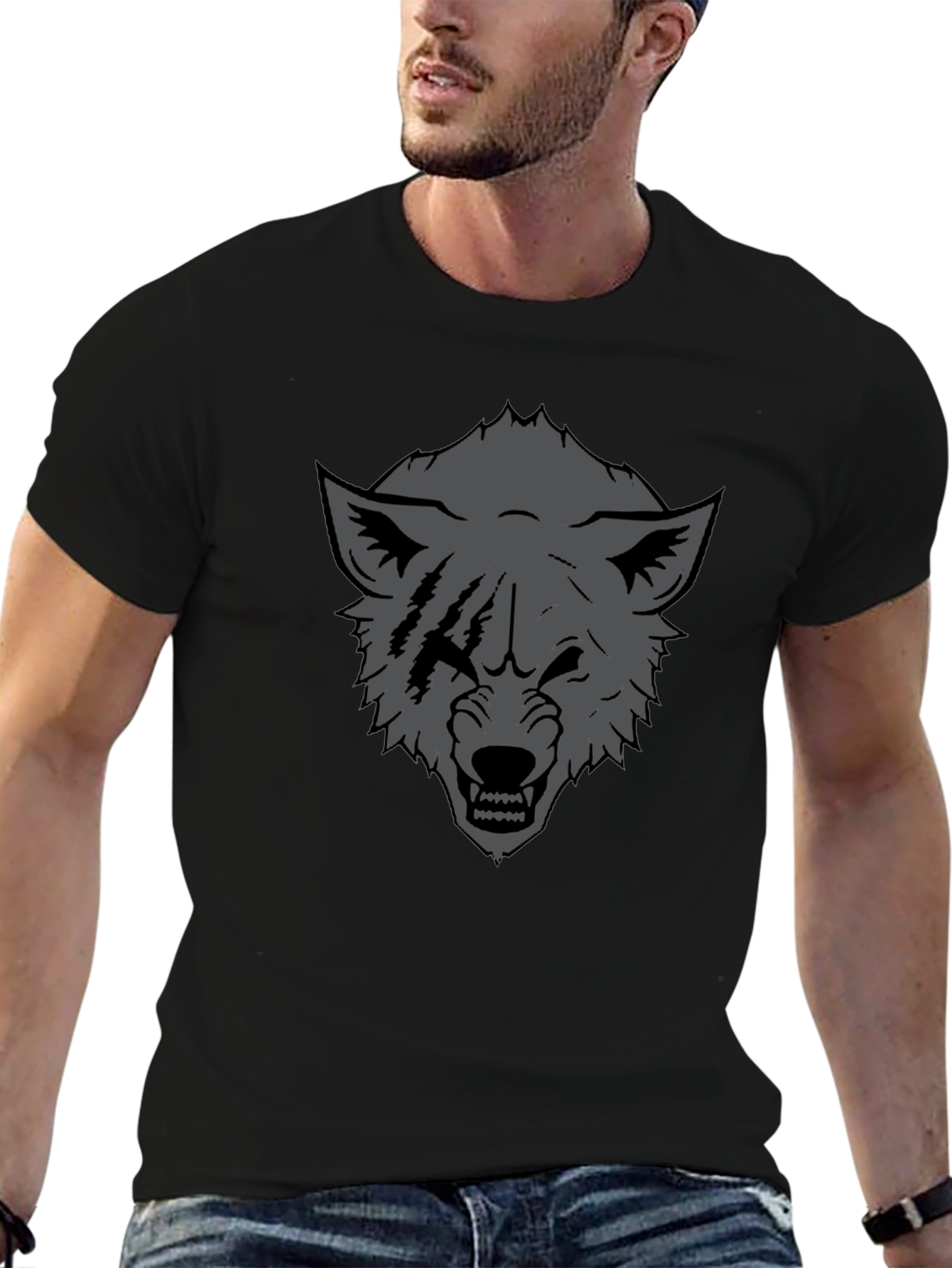 Black Men's Black Wolf Graphic Tee - Fierce Design view 6