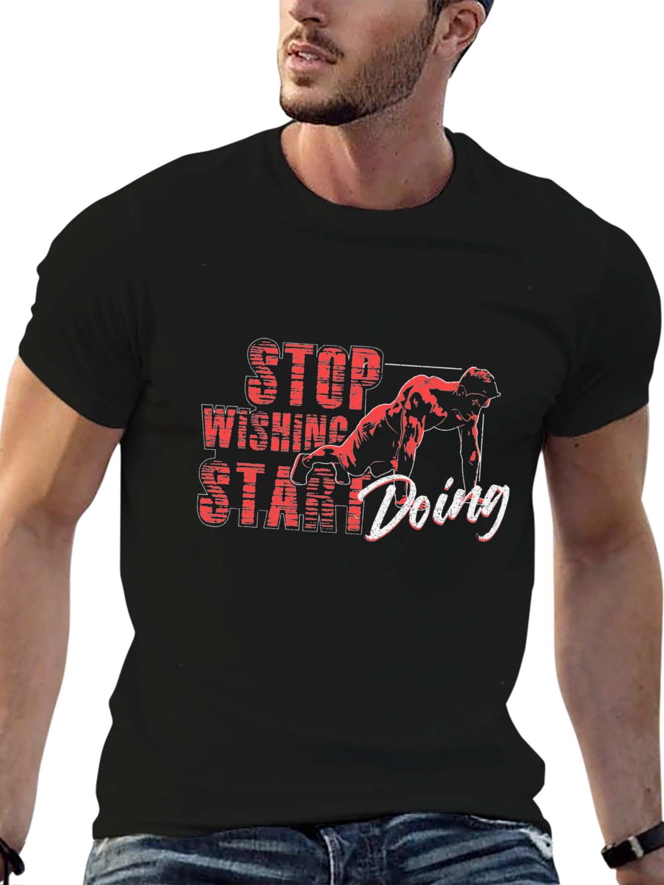 Black Motivational Black T-Shirt - Stop Wishing Start Doing view 6