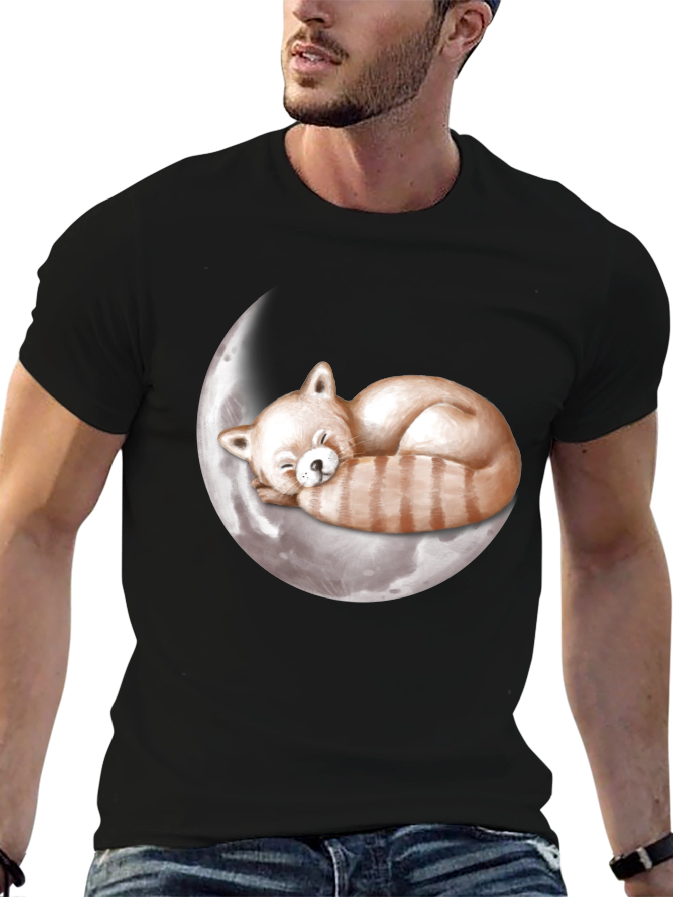 Black Red Panda Moon Sleep T-Shirt view 6