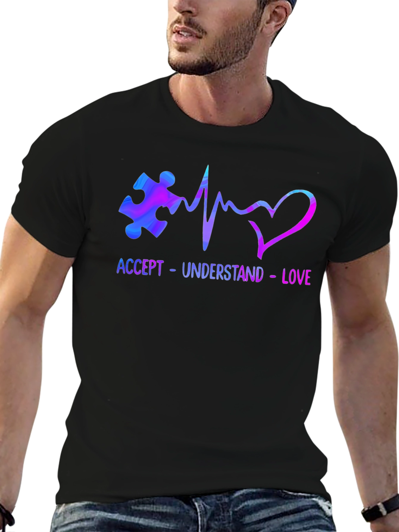Black Accept Understand Love Autism Awareness T-Shirt view 6