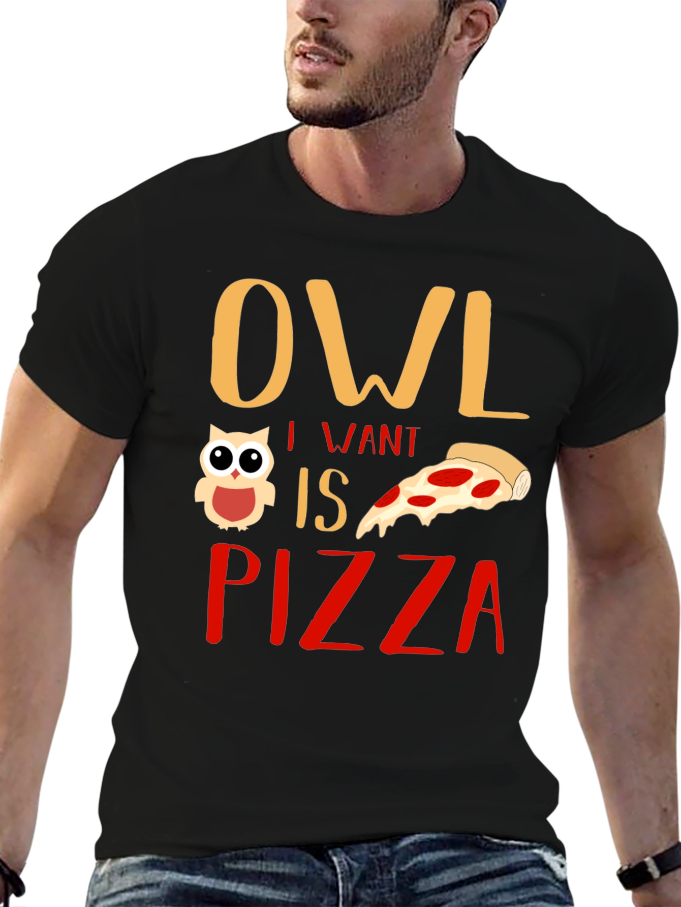 Black Owl I Want is Pizza Graphic T-Shirt view 6