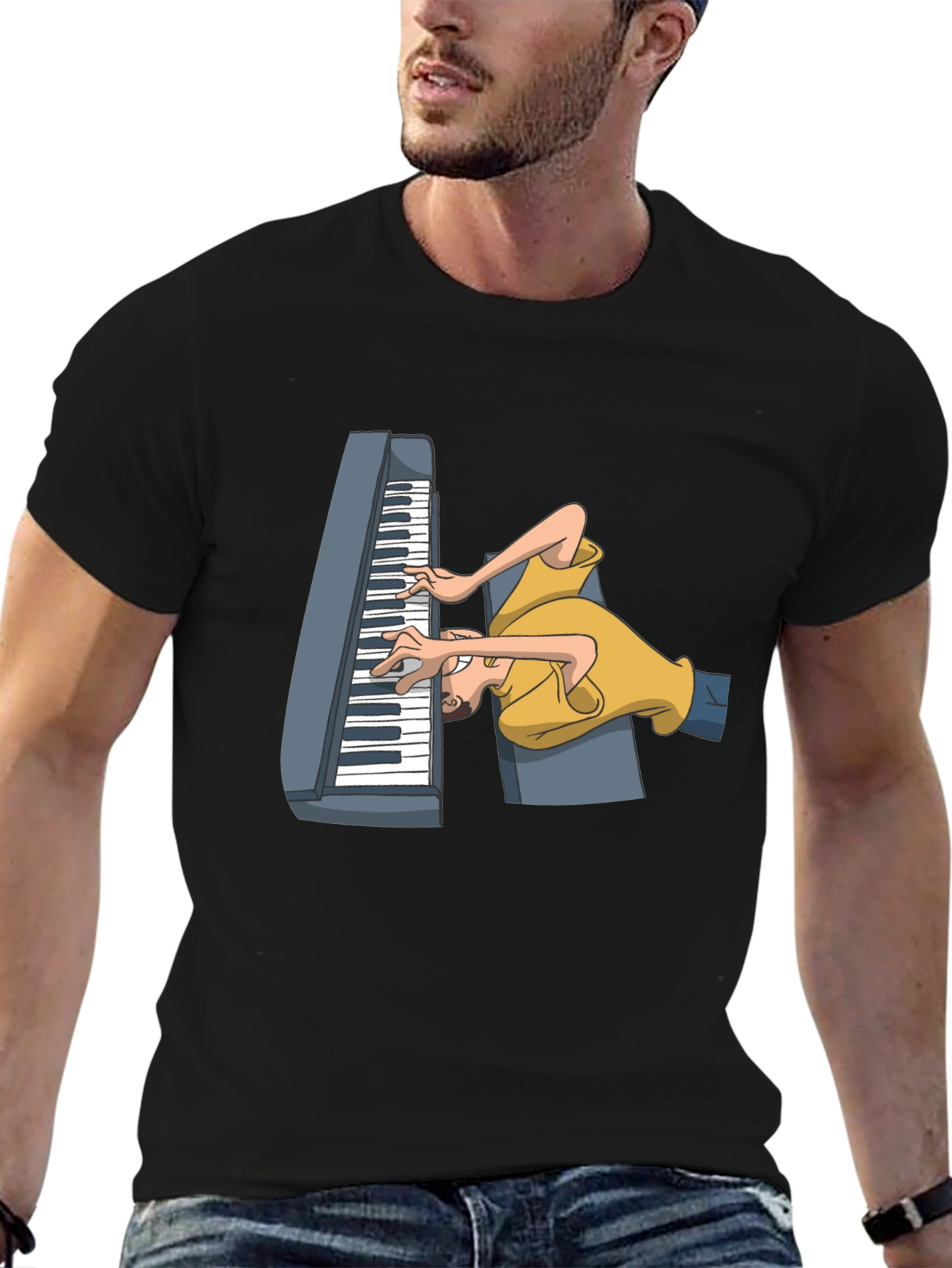 Black Funny Cartoon Piano Player Black T-Shirt view 6