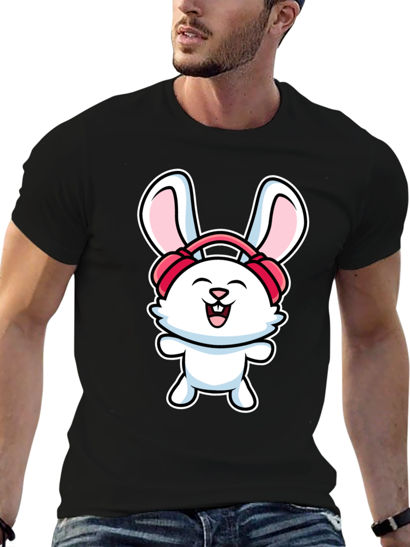 Black Bunny Headphones Graphic T-Shirt view 6