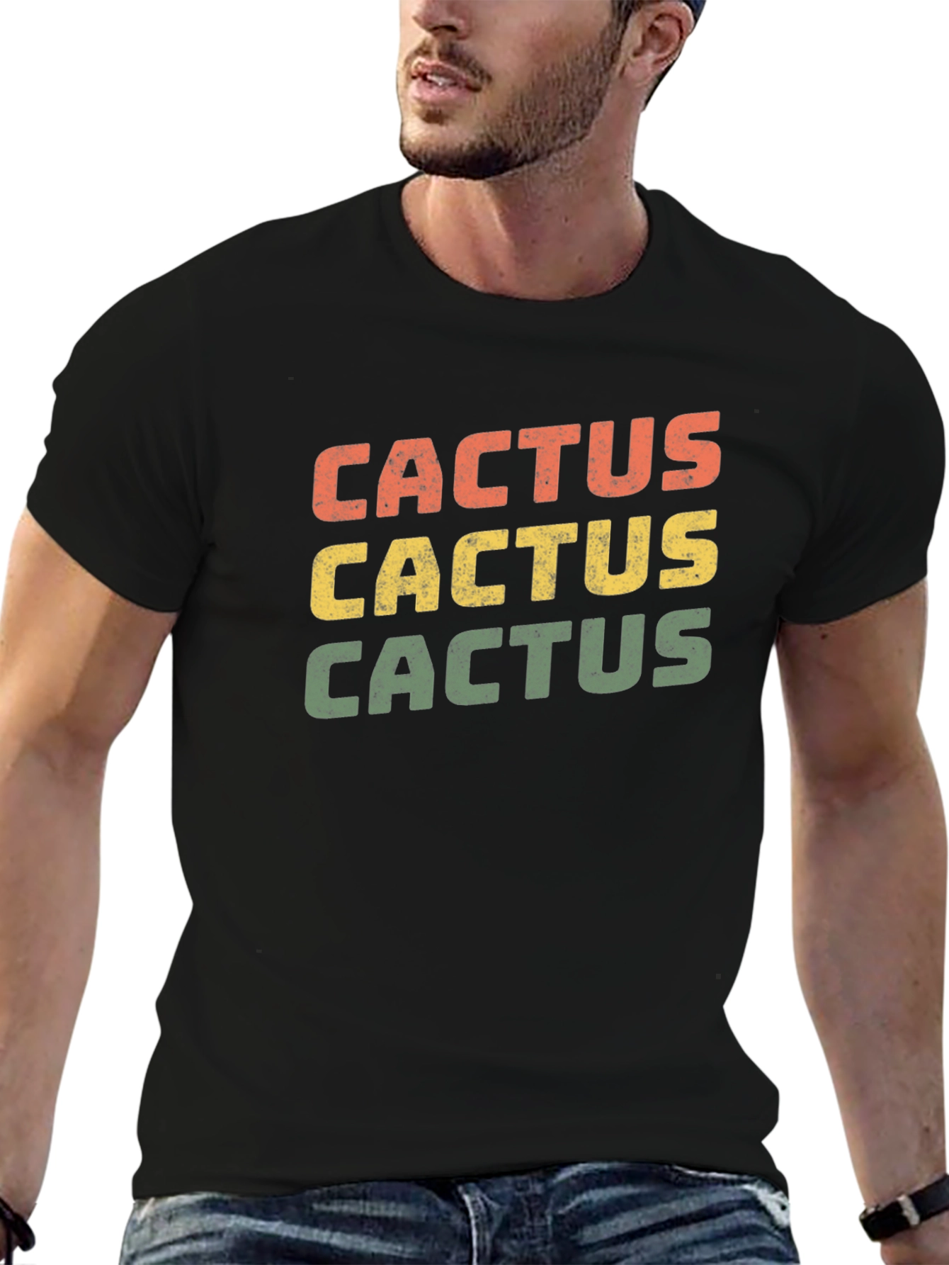Black Retro Cactus T-Shirt - Black Cotton Tee view 6