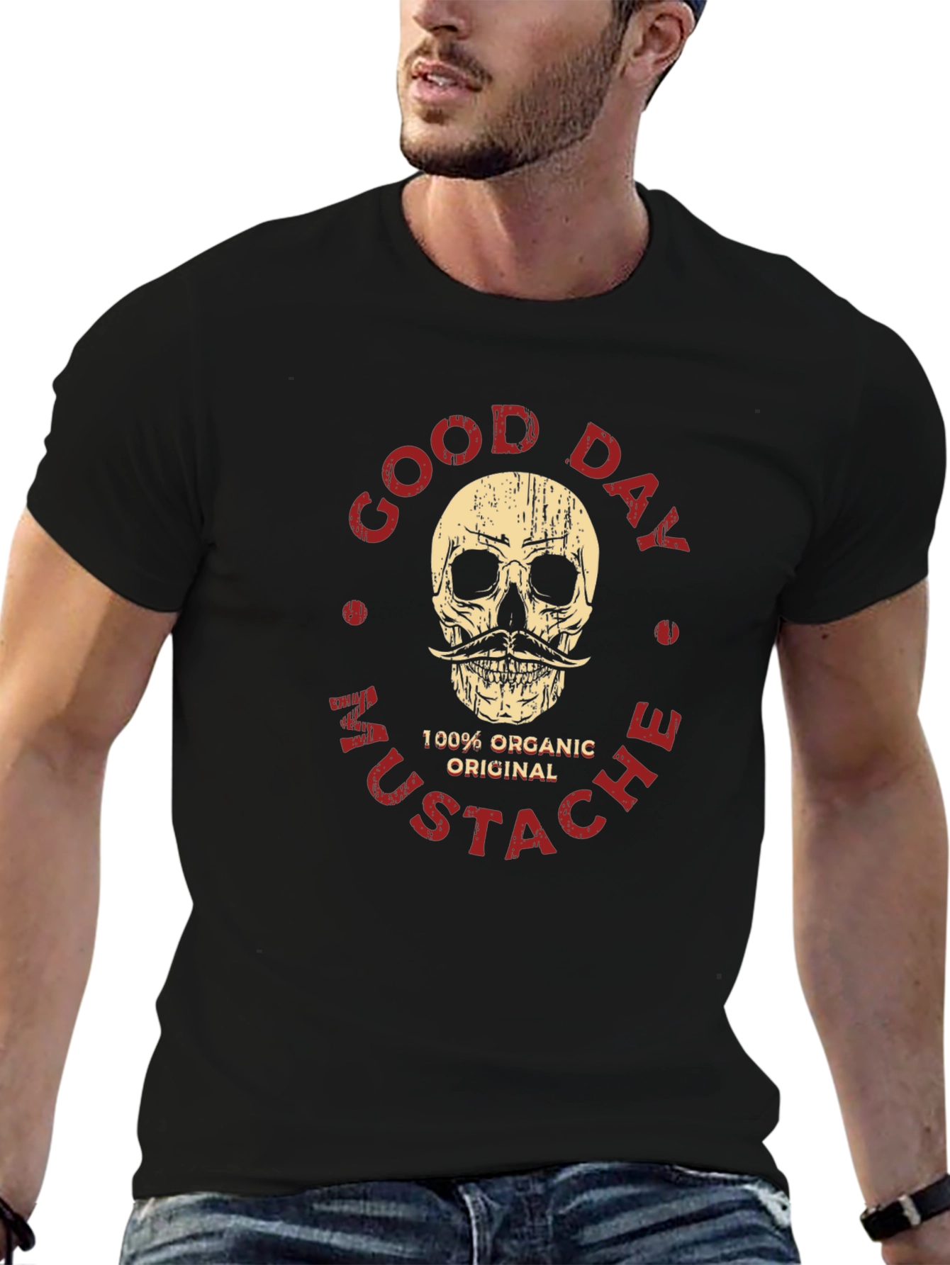 Black Good Day Mustache Skull Graphic T-Shirt - Organic Original view 6