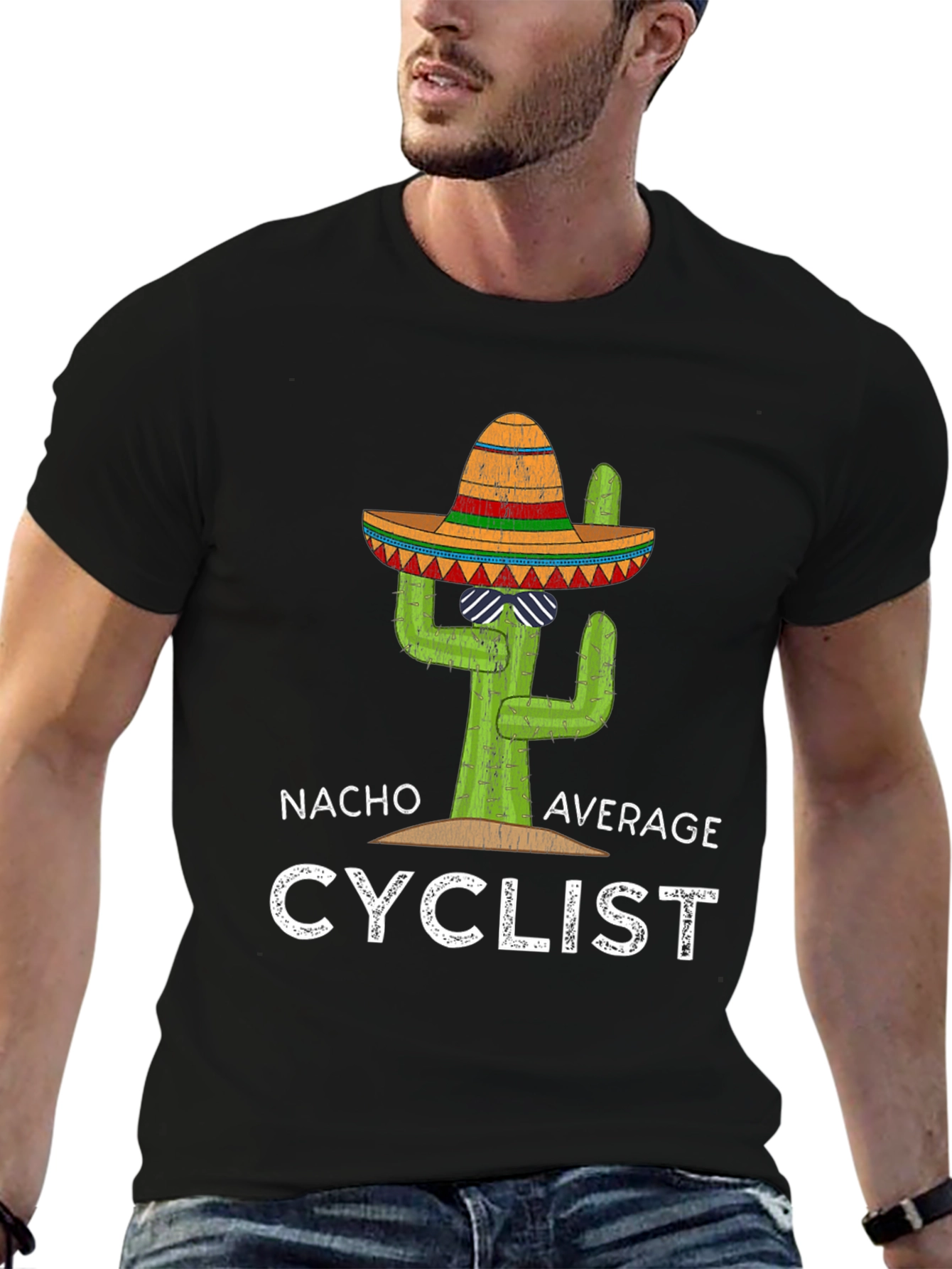 Black Nacho Average Cyclist T-Shirt Funny Cactus Sombrero Tee view 6