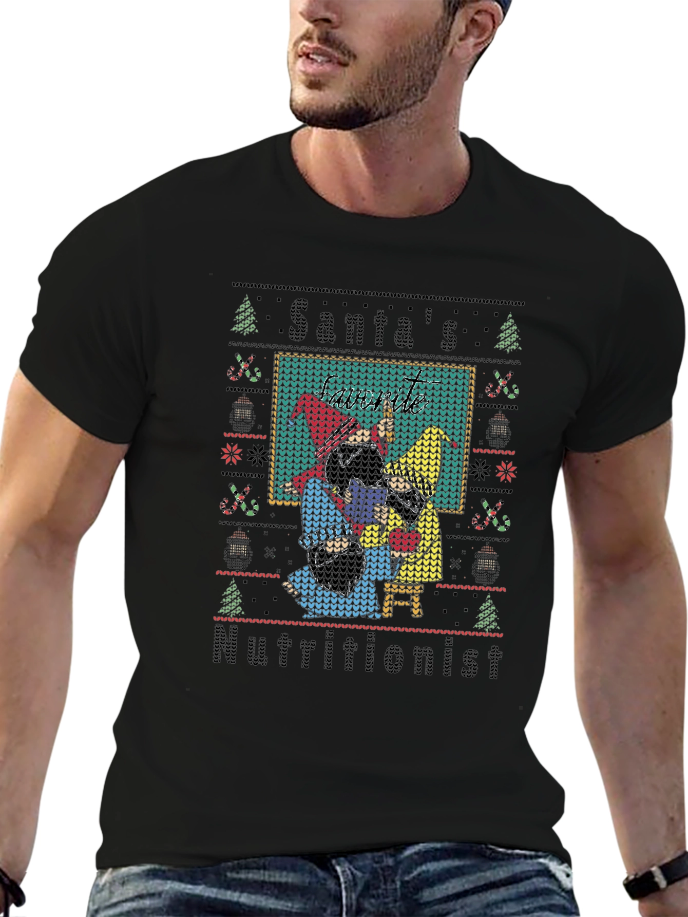 Black Santa's Nutritionist Ugly Christmas Sweater T-Shirt view 6