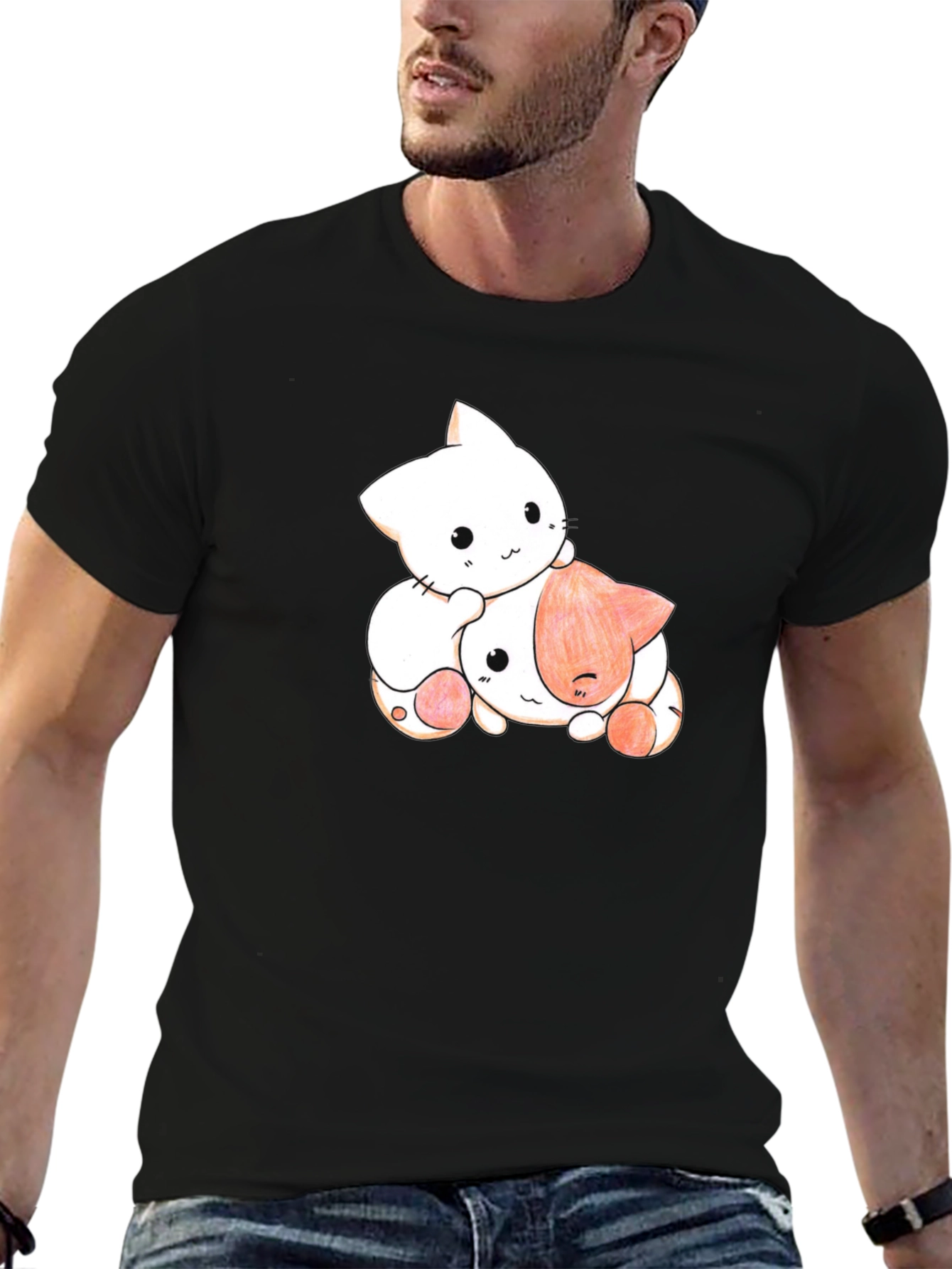 Black Cute Cat Graphic Black T-Shirt view 6