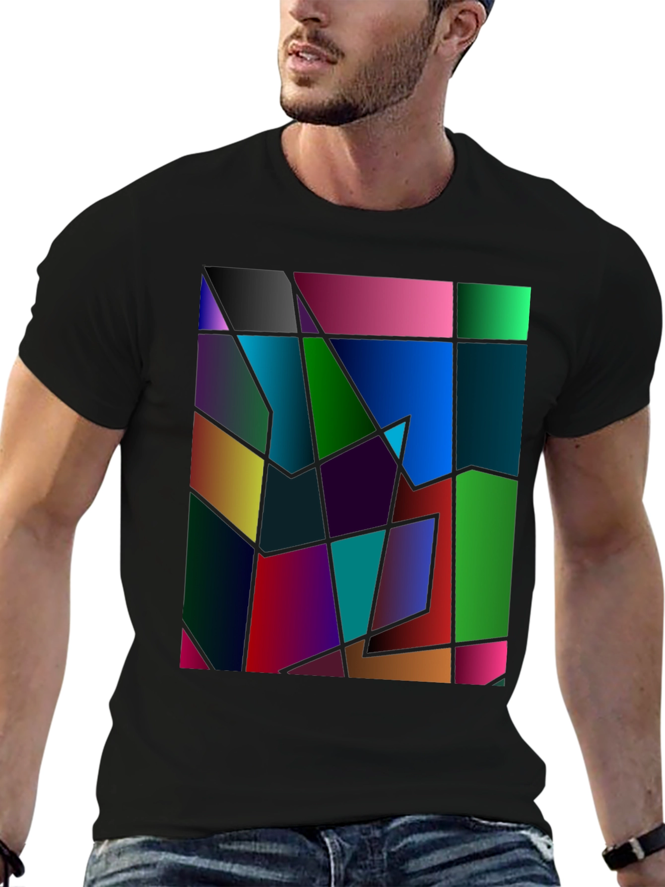 Black Abstract Geometric Print Black T-Shirt view 6