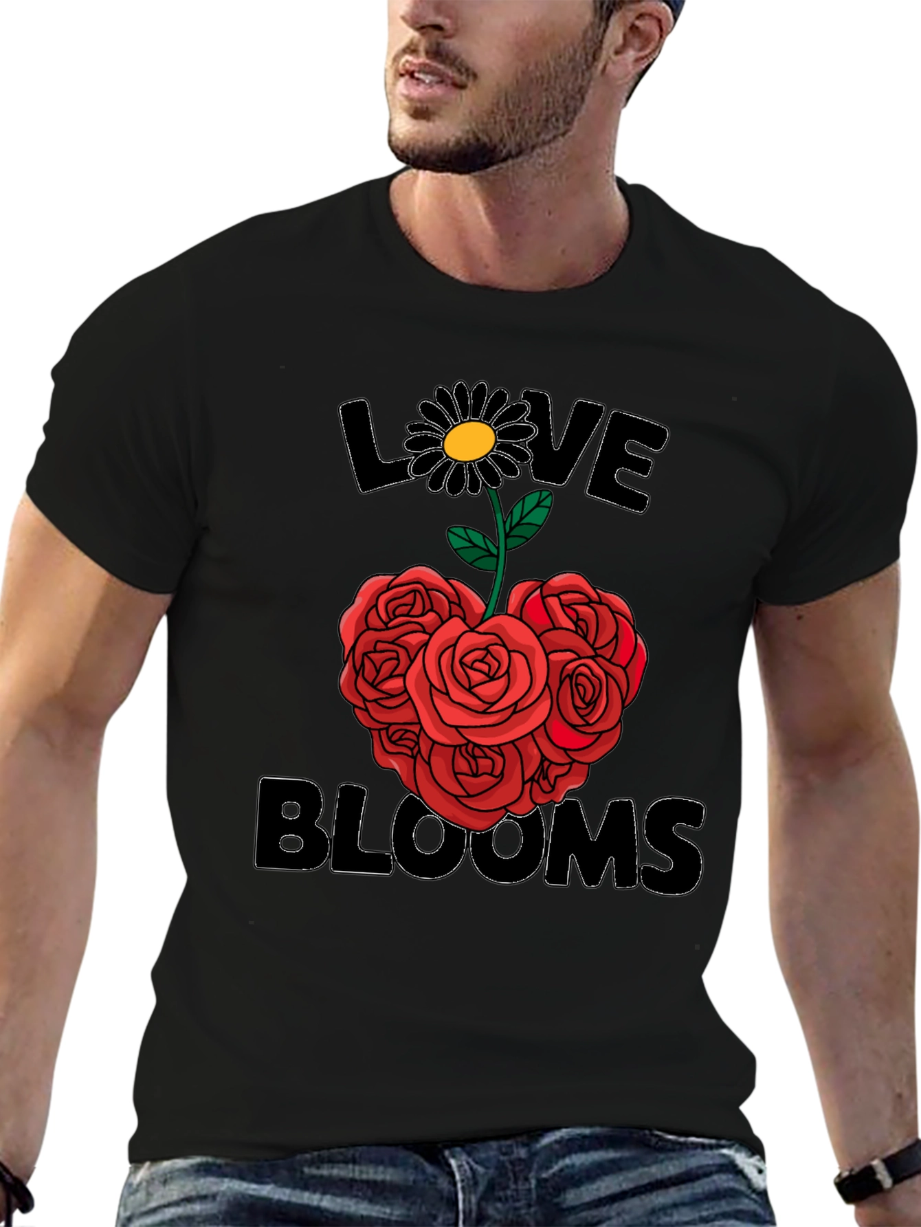 Black Love Blooms T-Shirt - Floral Heart Design view 6