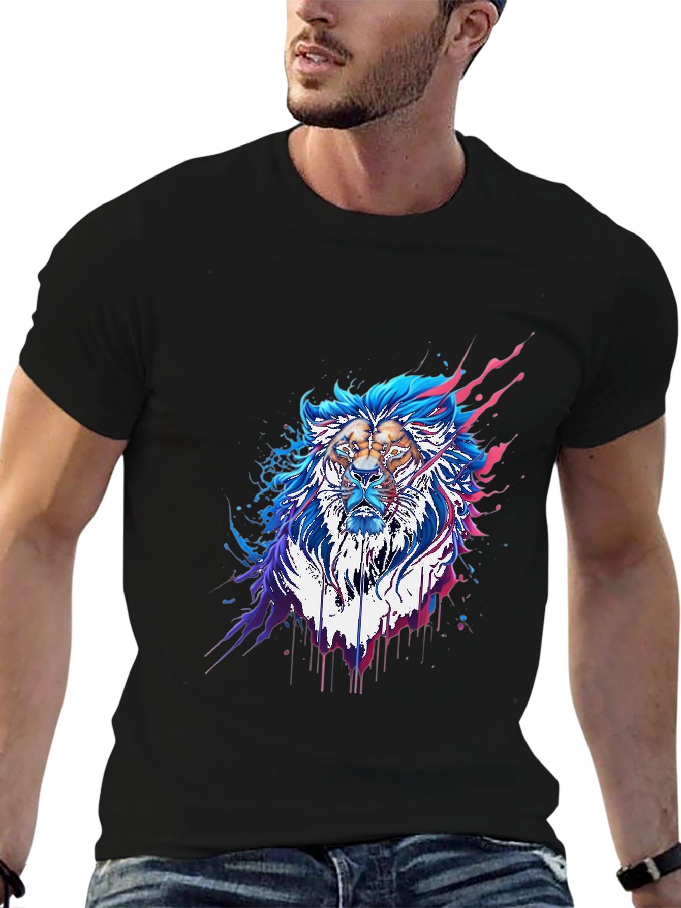 Black Abstract Lion Graphic Tee - Stylish Men's Black T-Shirt view 6