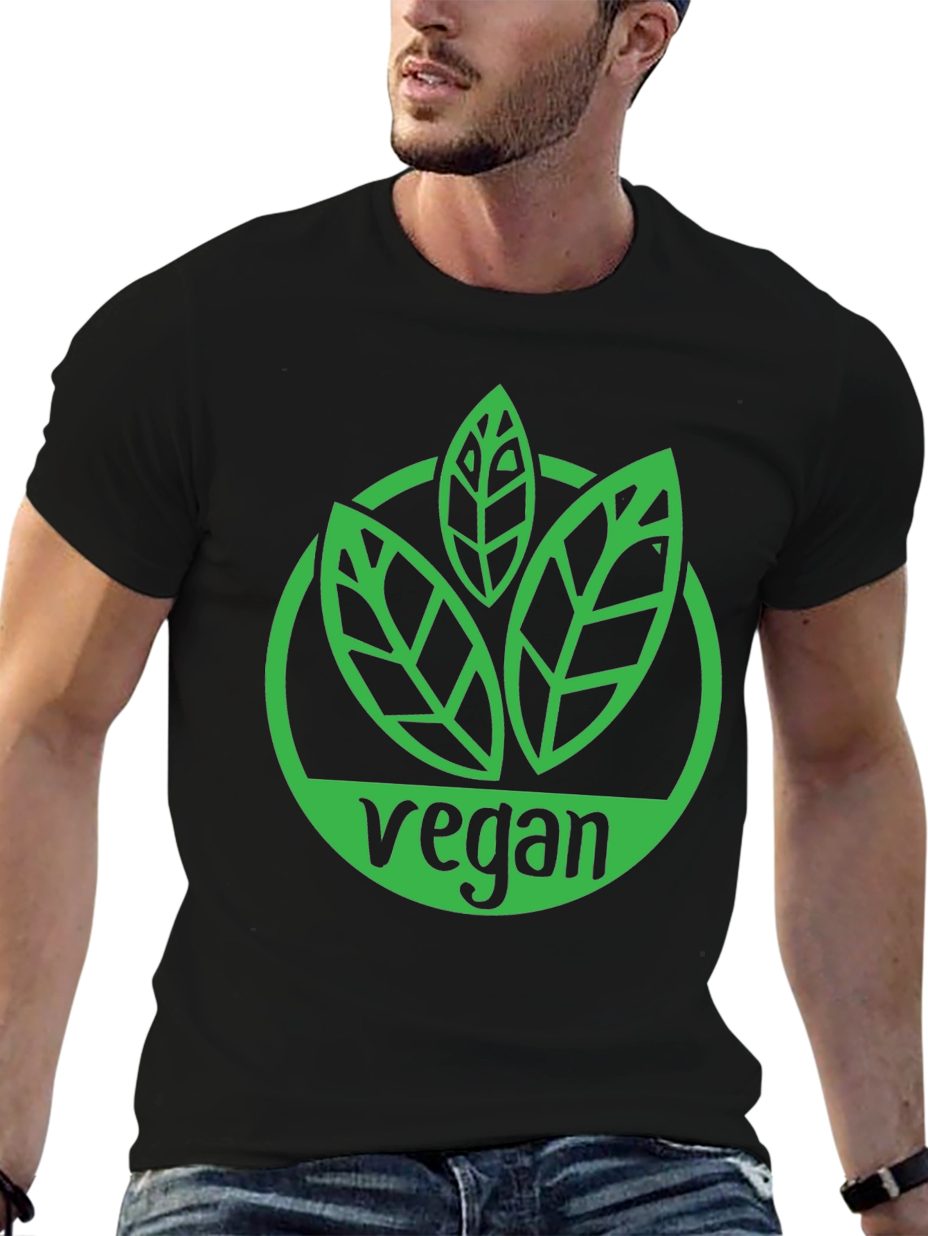 Black Vegan T-Shirt - Green Leaf Logo Black Tee view 6