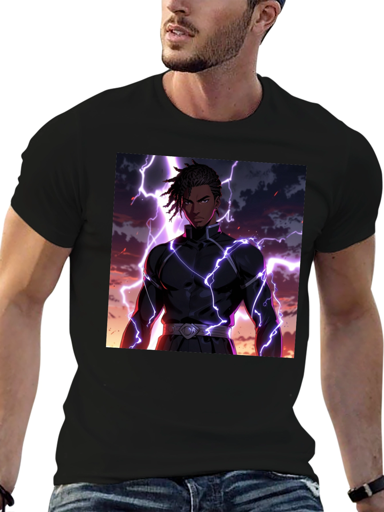 Black Anime Lightning Bolt Graphic Tee - Black Cotton Blend view 6