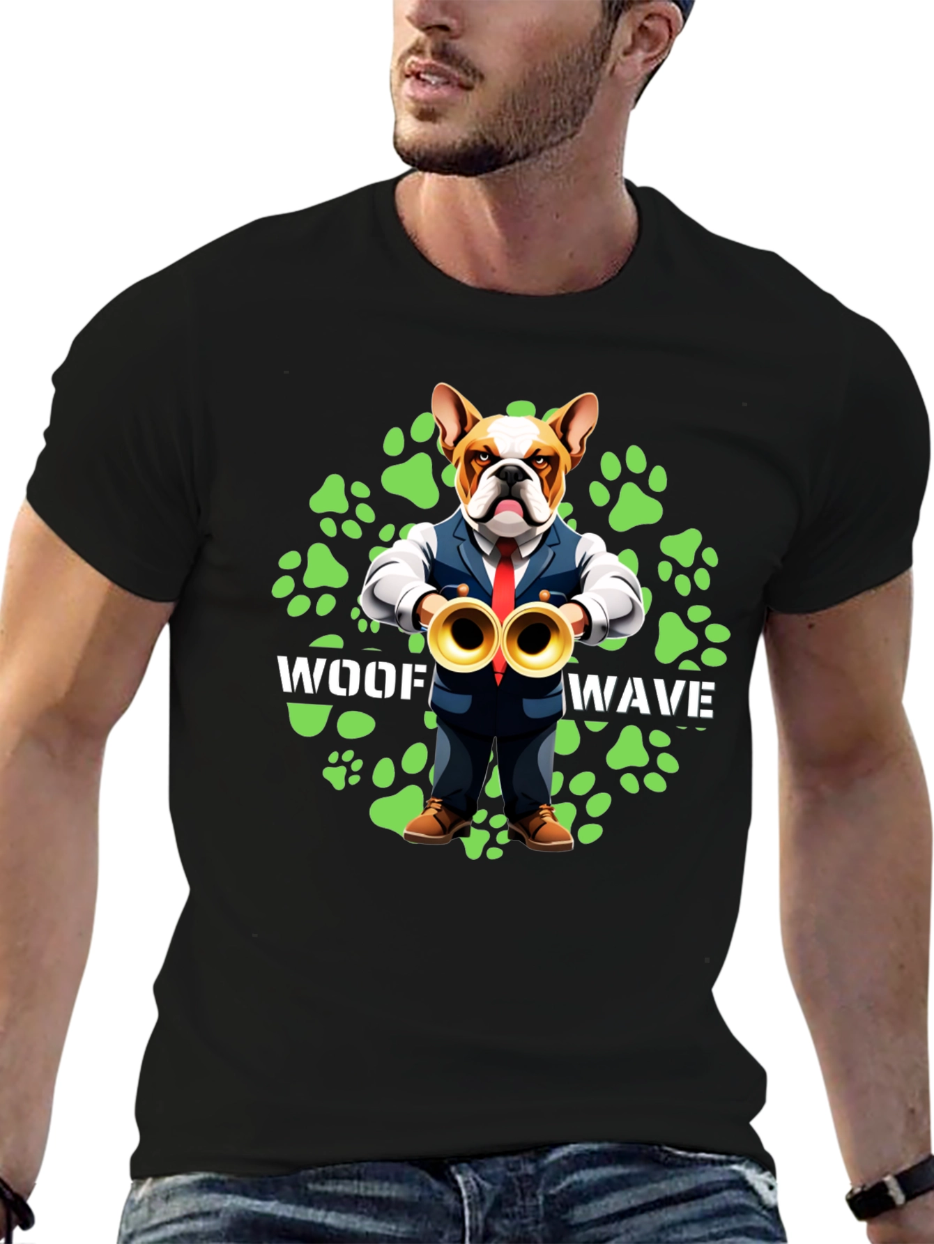 Black Woof Wave Bulldog Musician T-Shirt view 6