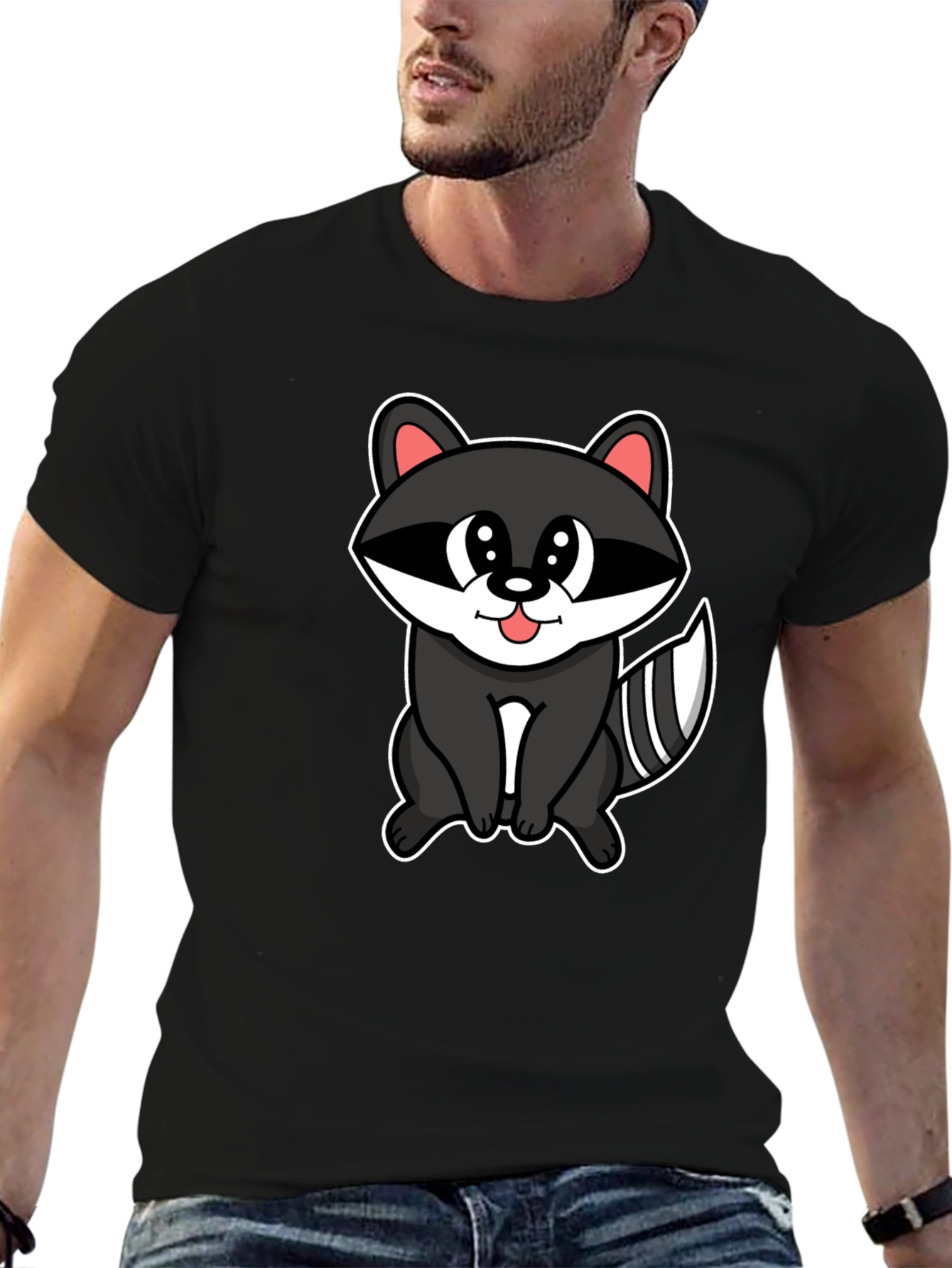 Black Cute Raccoon Cartoon Black T-Shirt view 6