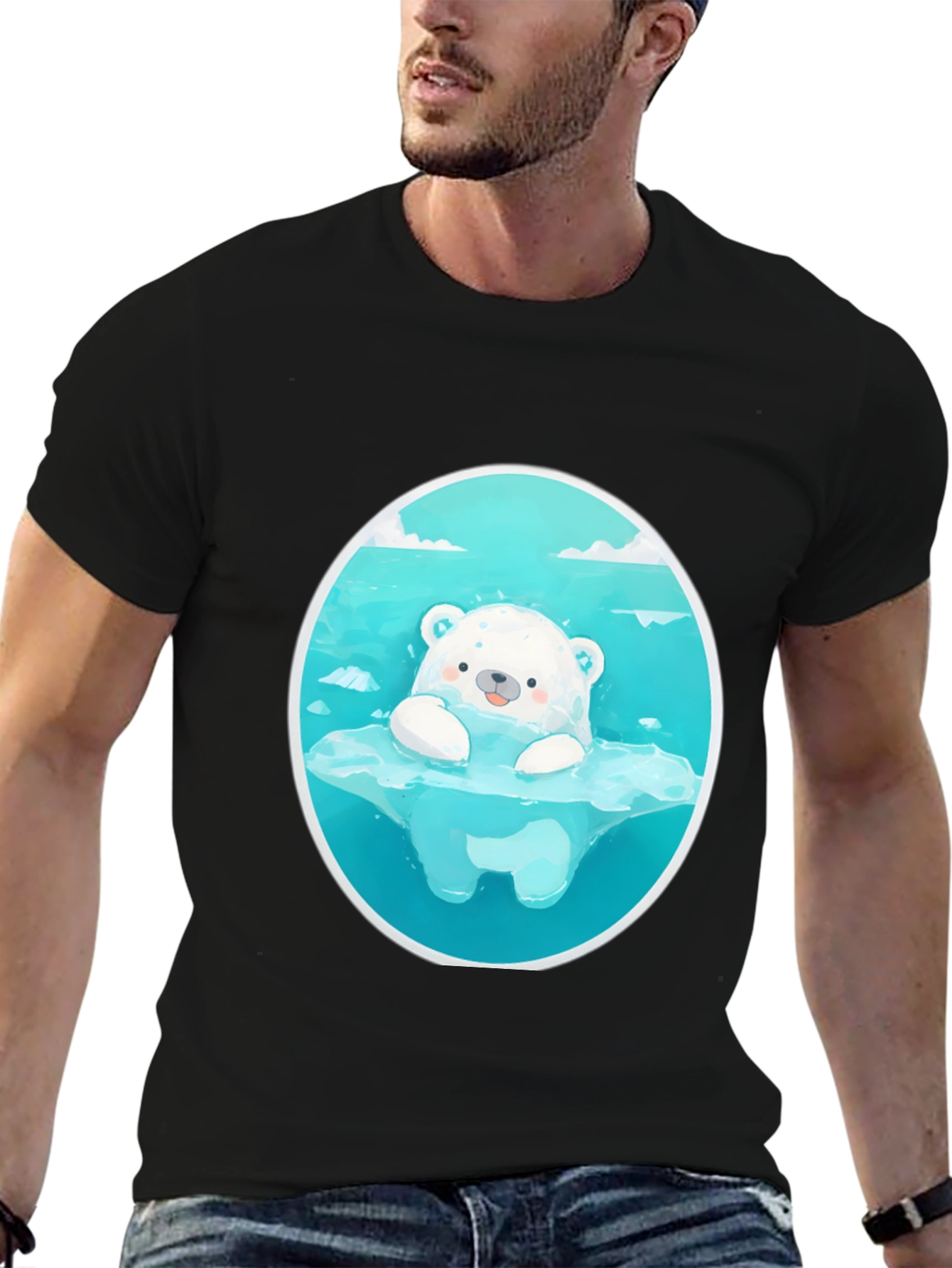 Black Cute Polar Bear Graphic Tee - Black Cotton T-Shirt view 6