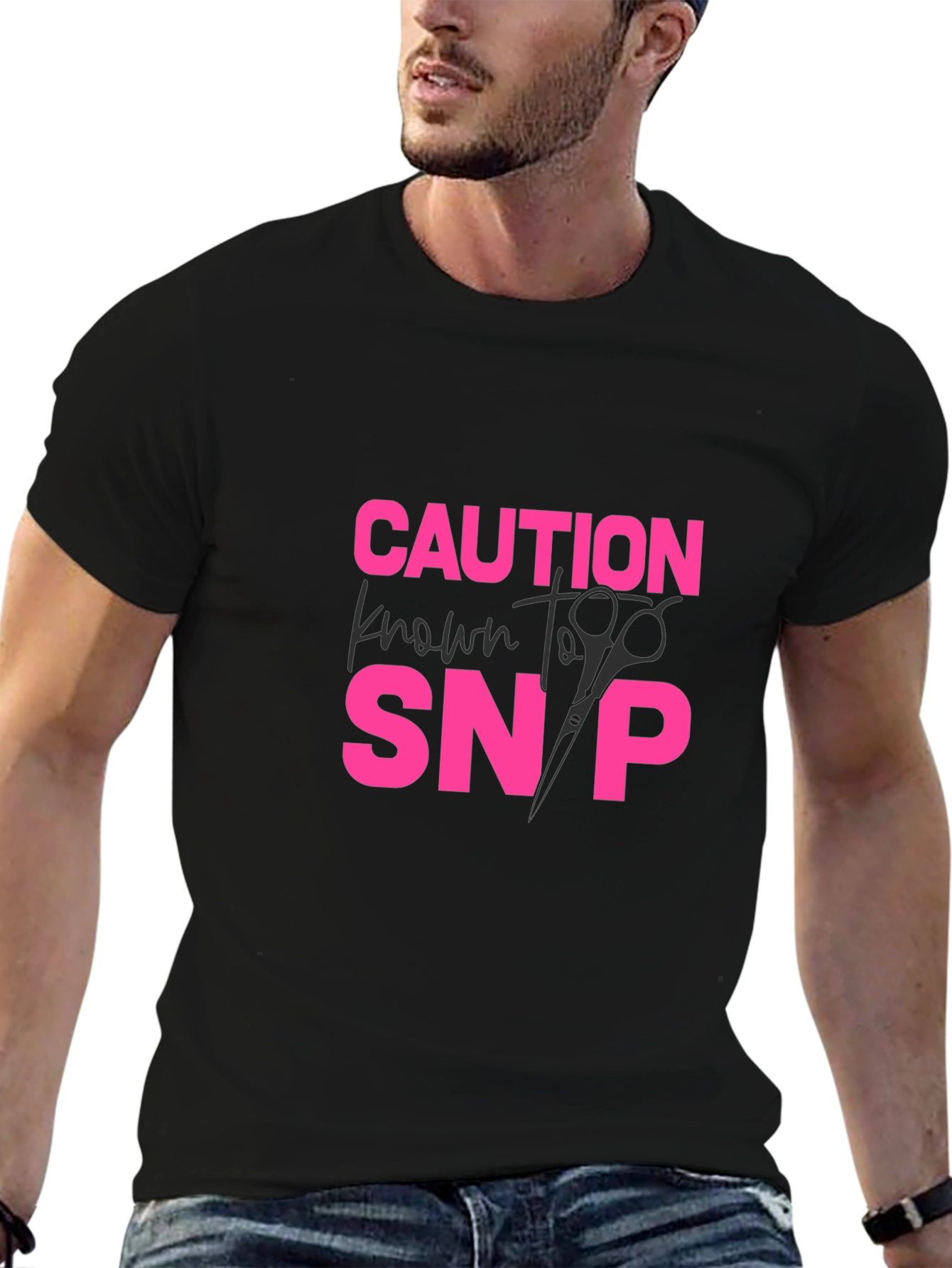 Black Caution Known to Snip T-Shirt - Hair Stylist Tee view 6