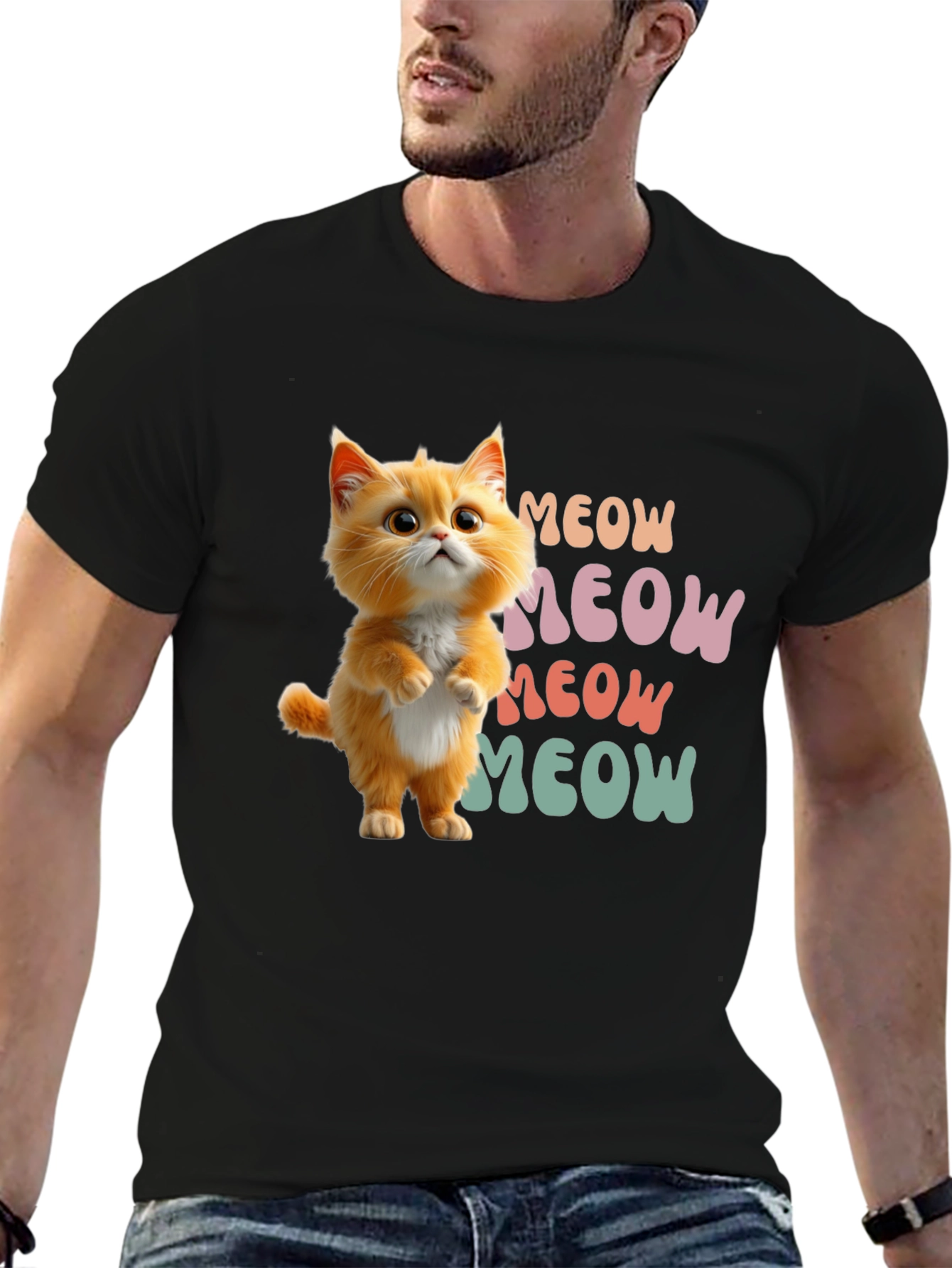 Black Cute Cartoon Cat Meow Graphic T-Shirt view 6