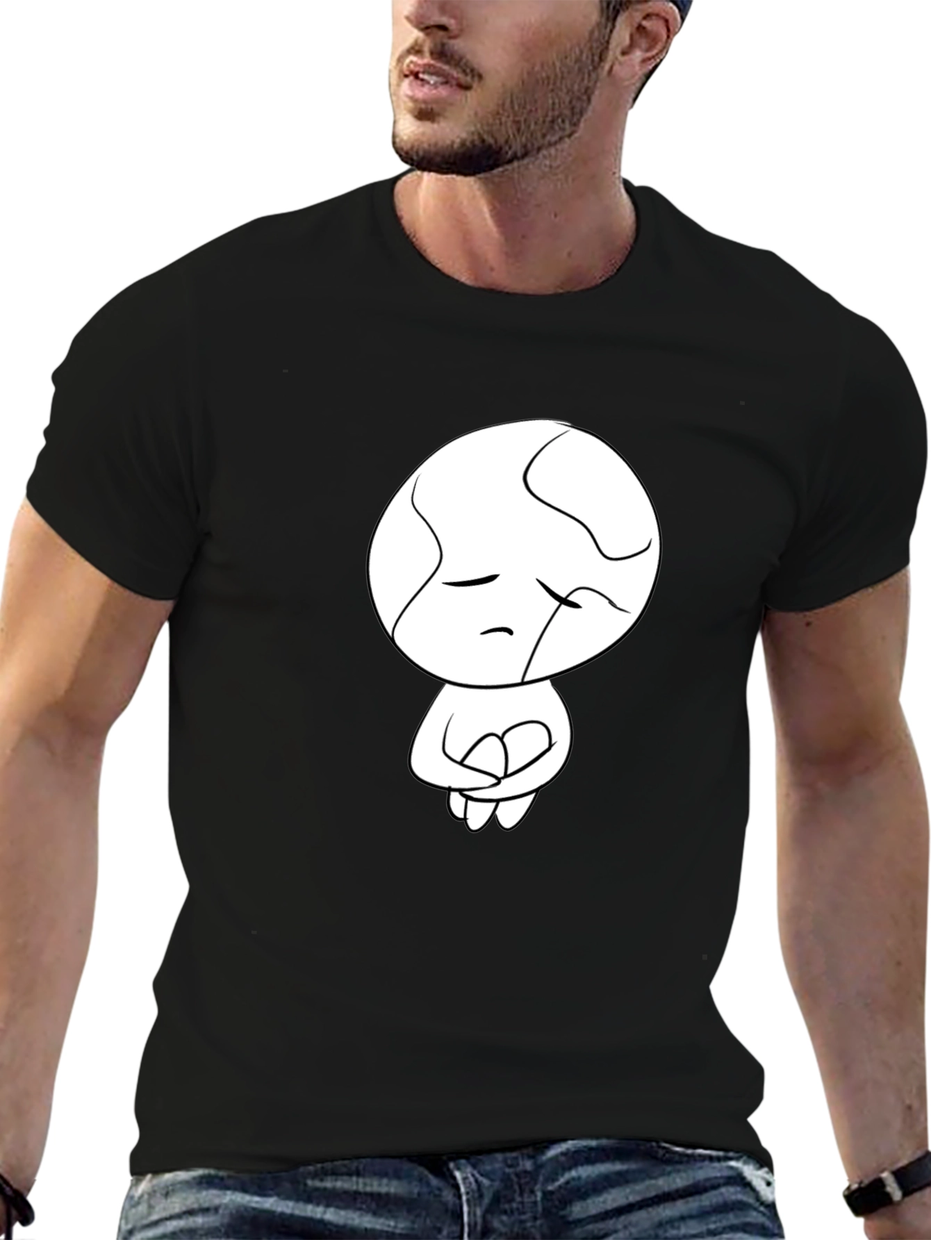 Black Unique Graphic Tee - Sad Abstract Character Print - Black view 6