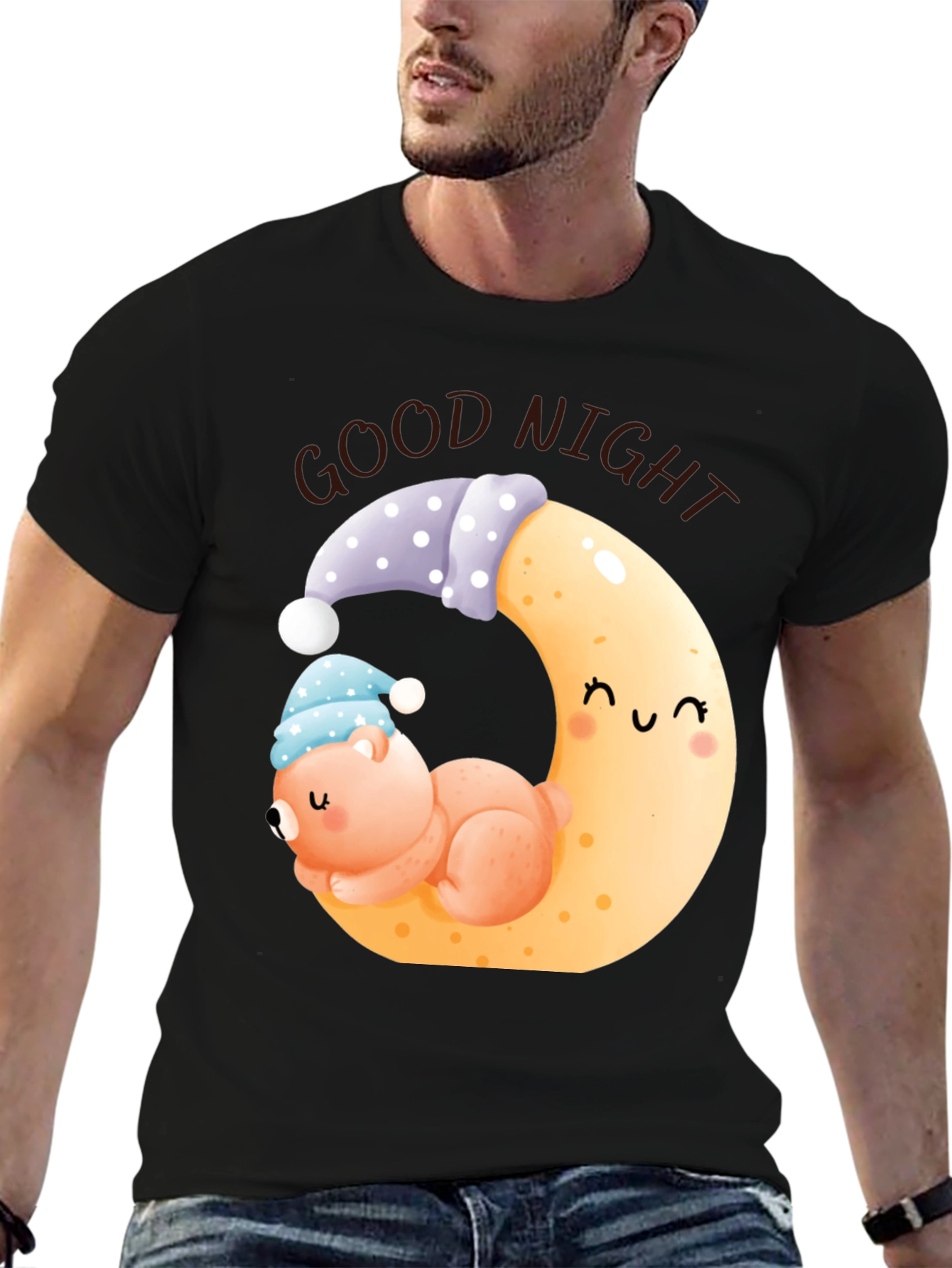 Black Good Night Bear Moon Graphic Black T-Shirt view 6