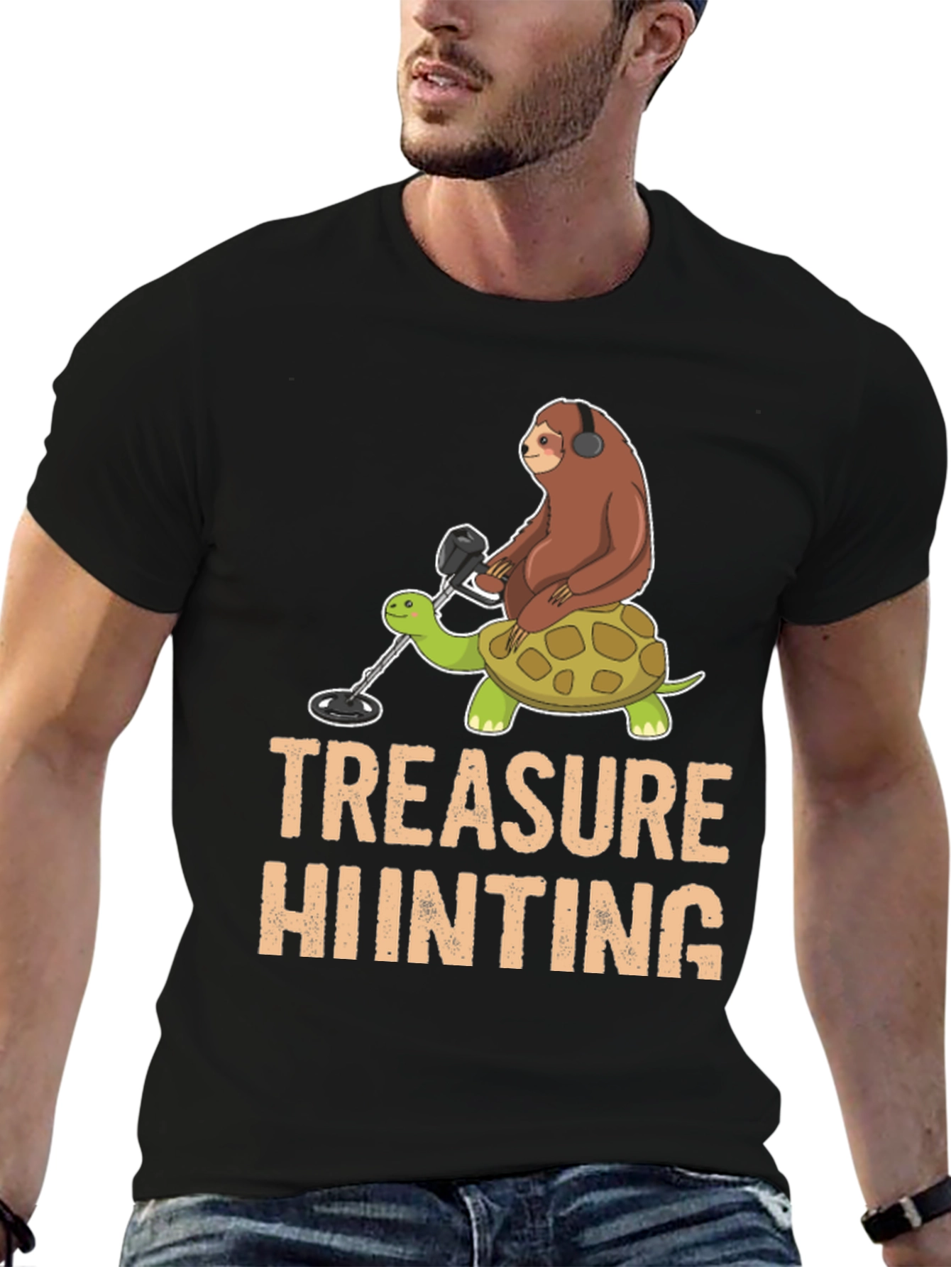 Black Treasure Hunting Sloth Riding Turtle T-Shirt view 6